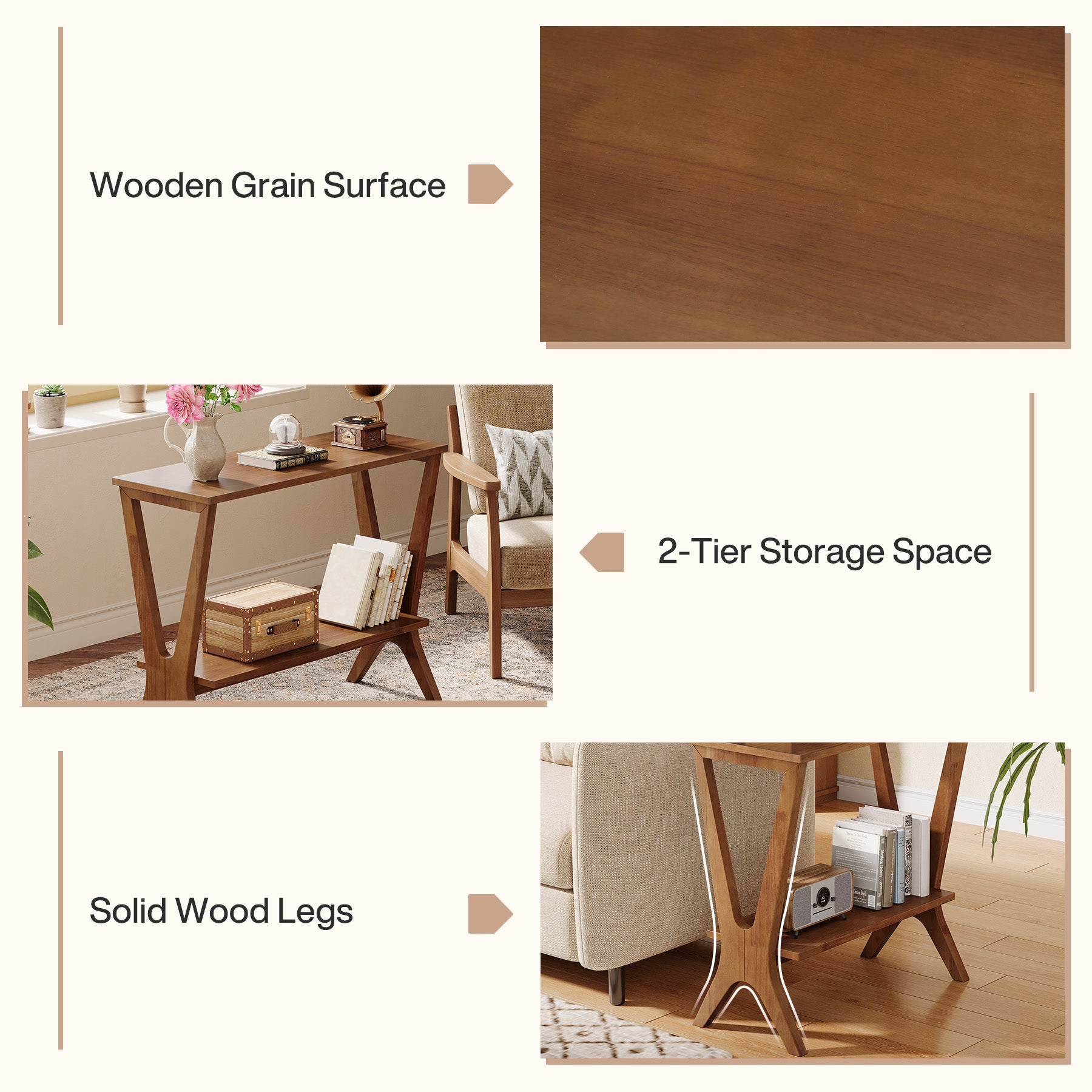 Tribesigns 23.62-Inch Narrow End Table, 2-Tier Solid Wood Side Table with Storage Shelves for Living Room