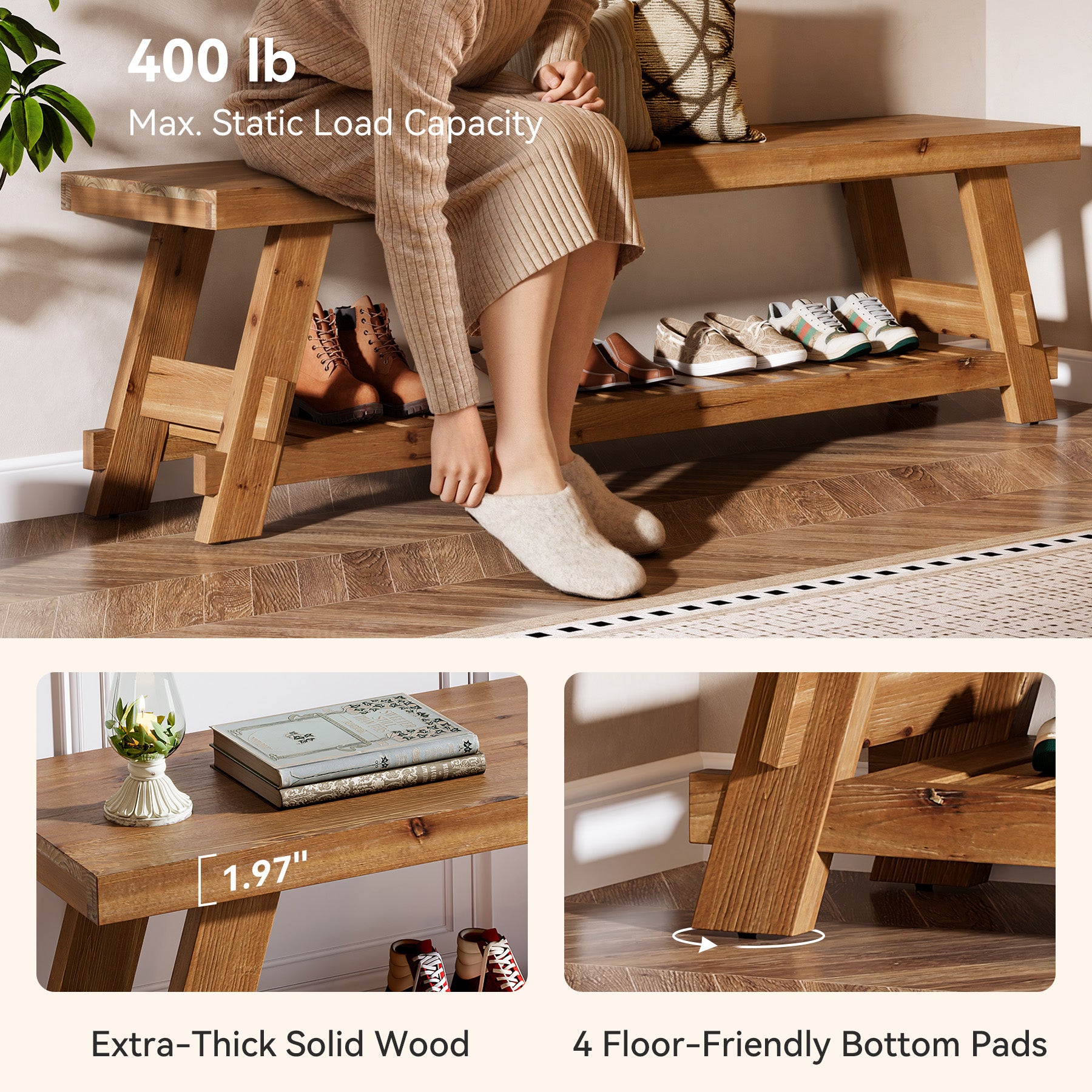 Tribesigns 63 Inch Solid Wood Shoe Storage Bench for 6 Pairs, Farmhouse Entryway Seat with Shelf