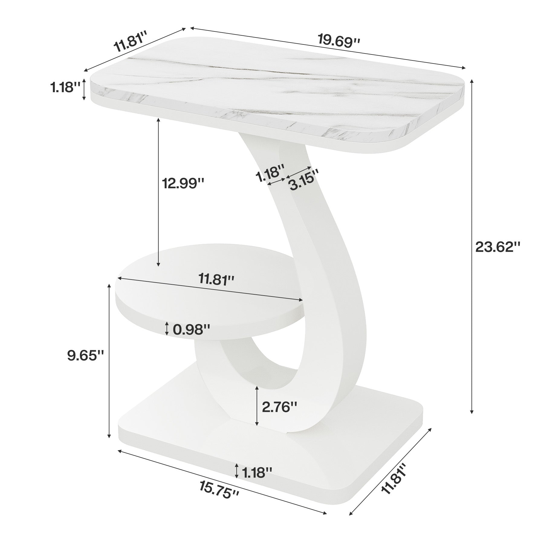 23.62“ C-Shaped End Table with 2-Tier Storage, Faux Marble Top White