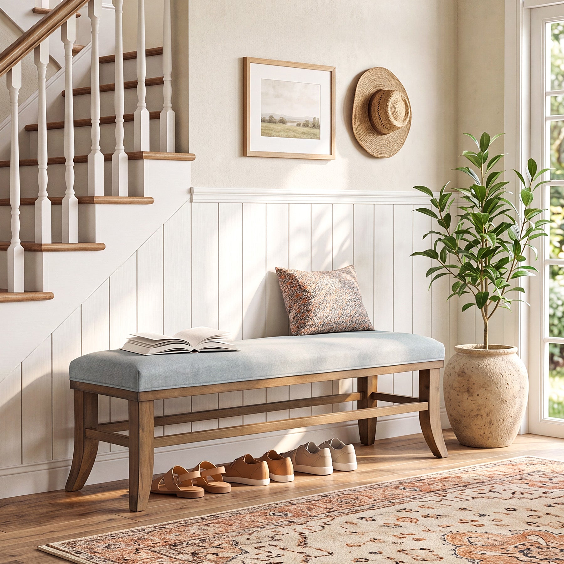 Tribesigns 55-Inch Upholstered Bench, Solid Pine Wood Frame with Cushion for Bedroom Entryway