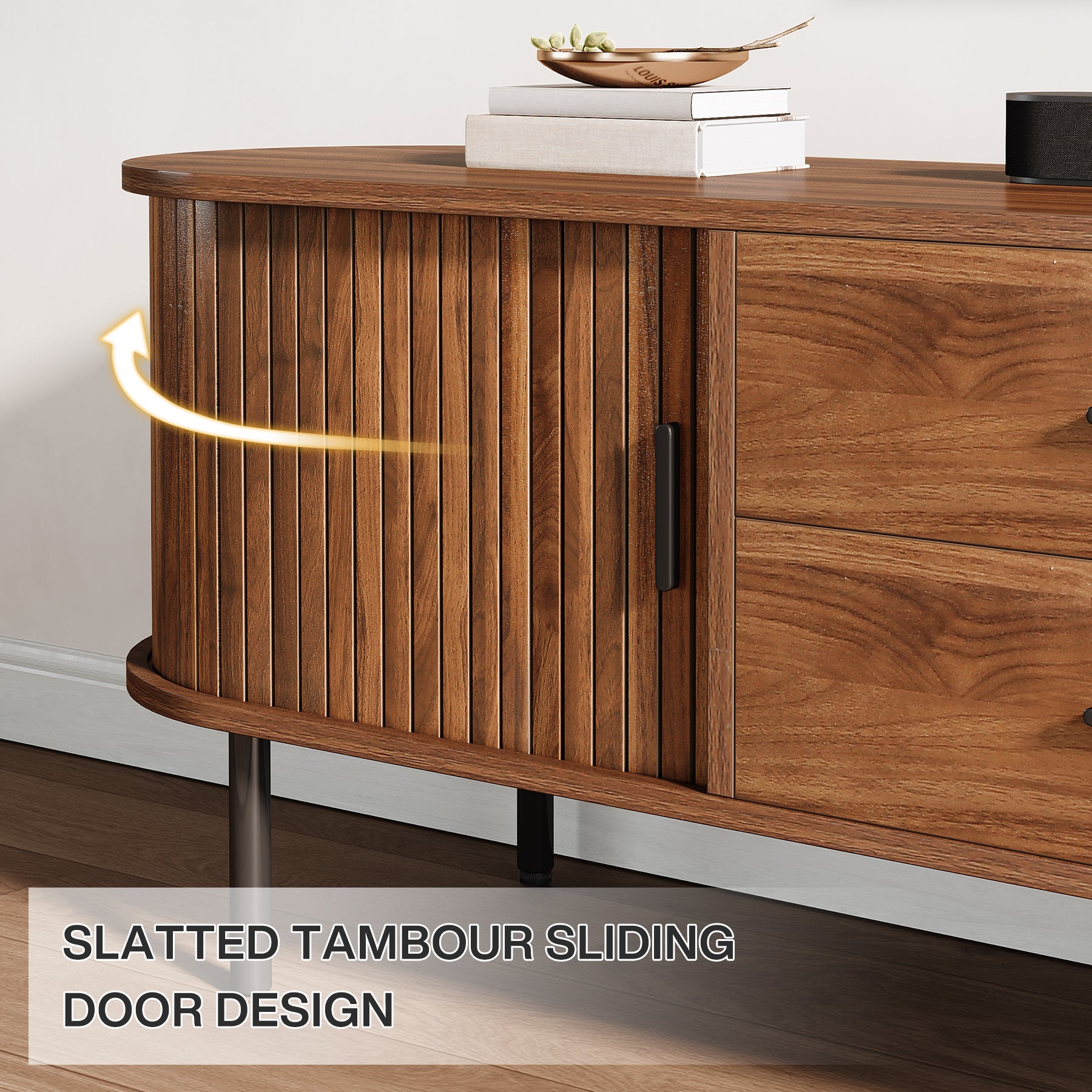 70-Inch TV Stand with Sliding Tambour Door, Mid-Century Media Console for 75-Inch TVs