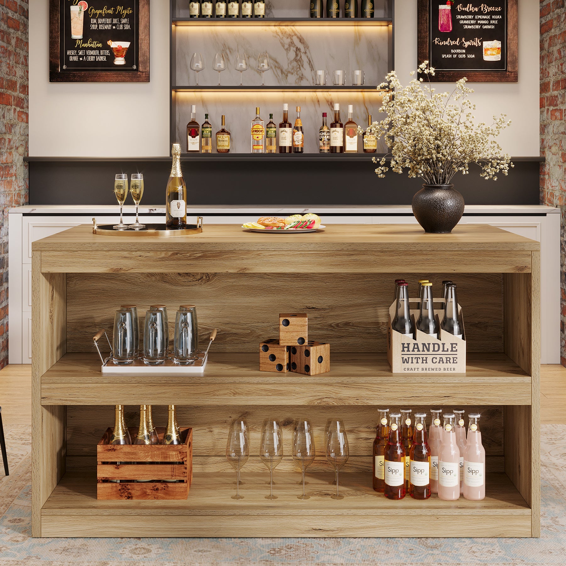 59 Inch Home Bar Table with 2-Tier Shelves, Farmhouse Pub Table for Kitchen and Bistro