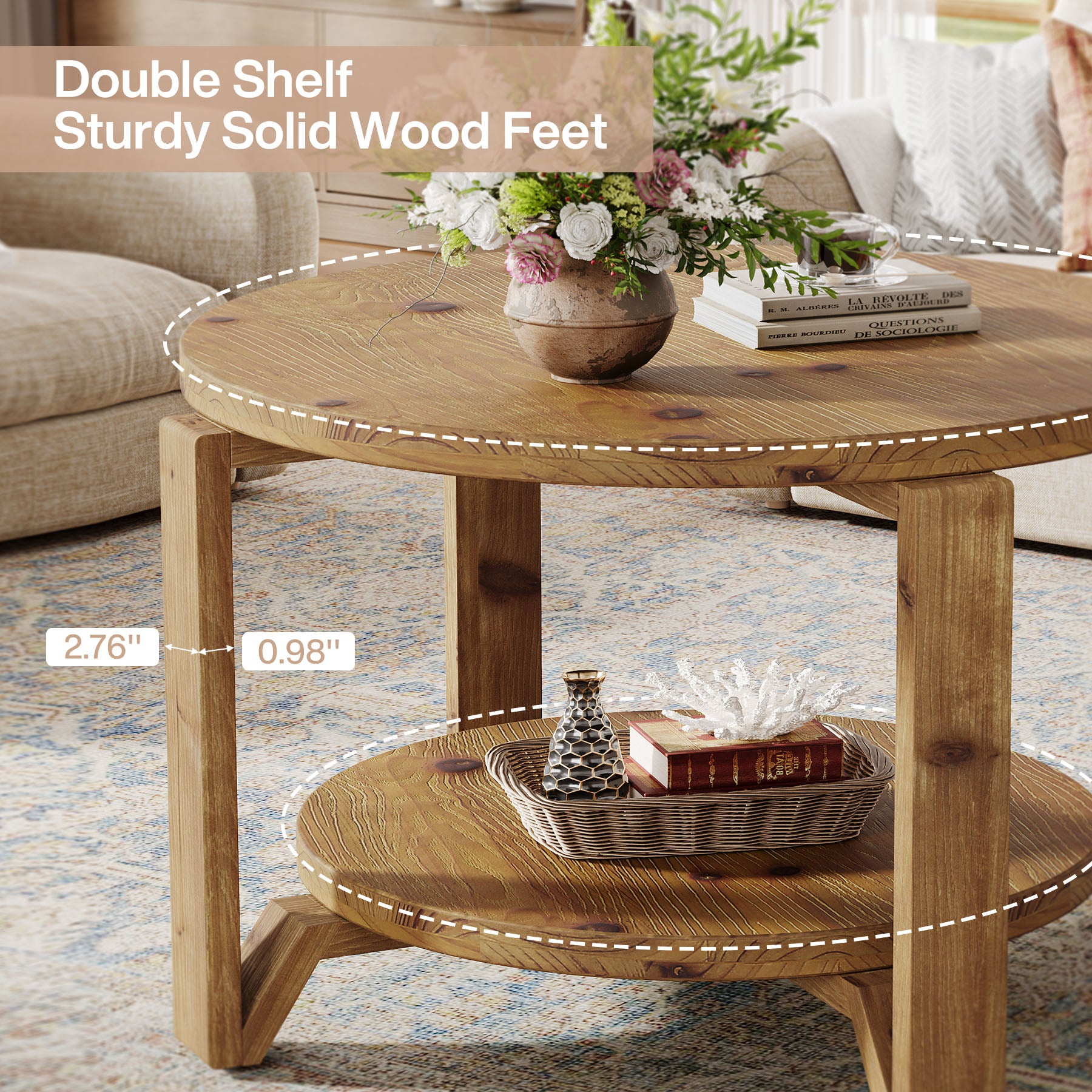 30" Solid Wood Round Coffee Table, Two-Tier Farmhouse Center Table with Natural Texture in Warm Brown