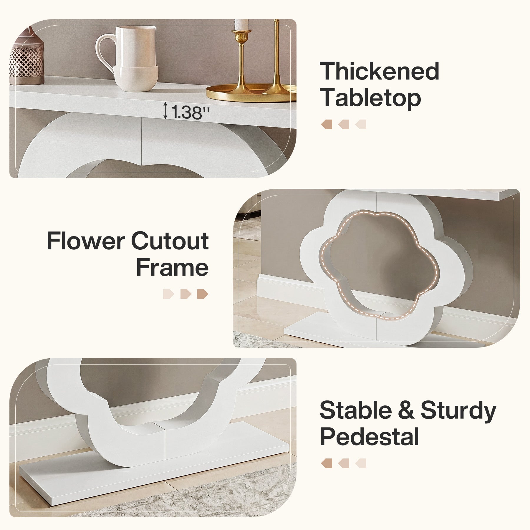 39.4-Inch White High-Gloss Console Table with Flower Cutout Base, Narrow Entryway Table for Living Room and Hallway