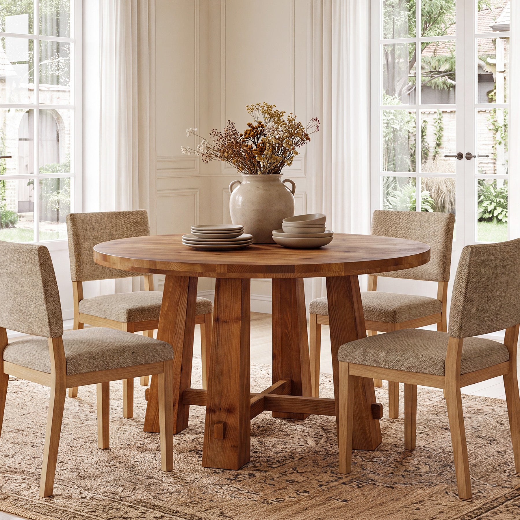 39.4 Inch Solid Wood Round Dining Table with Cross Base, Farmhouse Kitchen Table for 2-4
