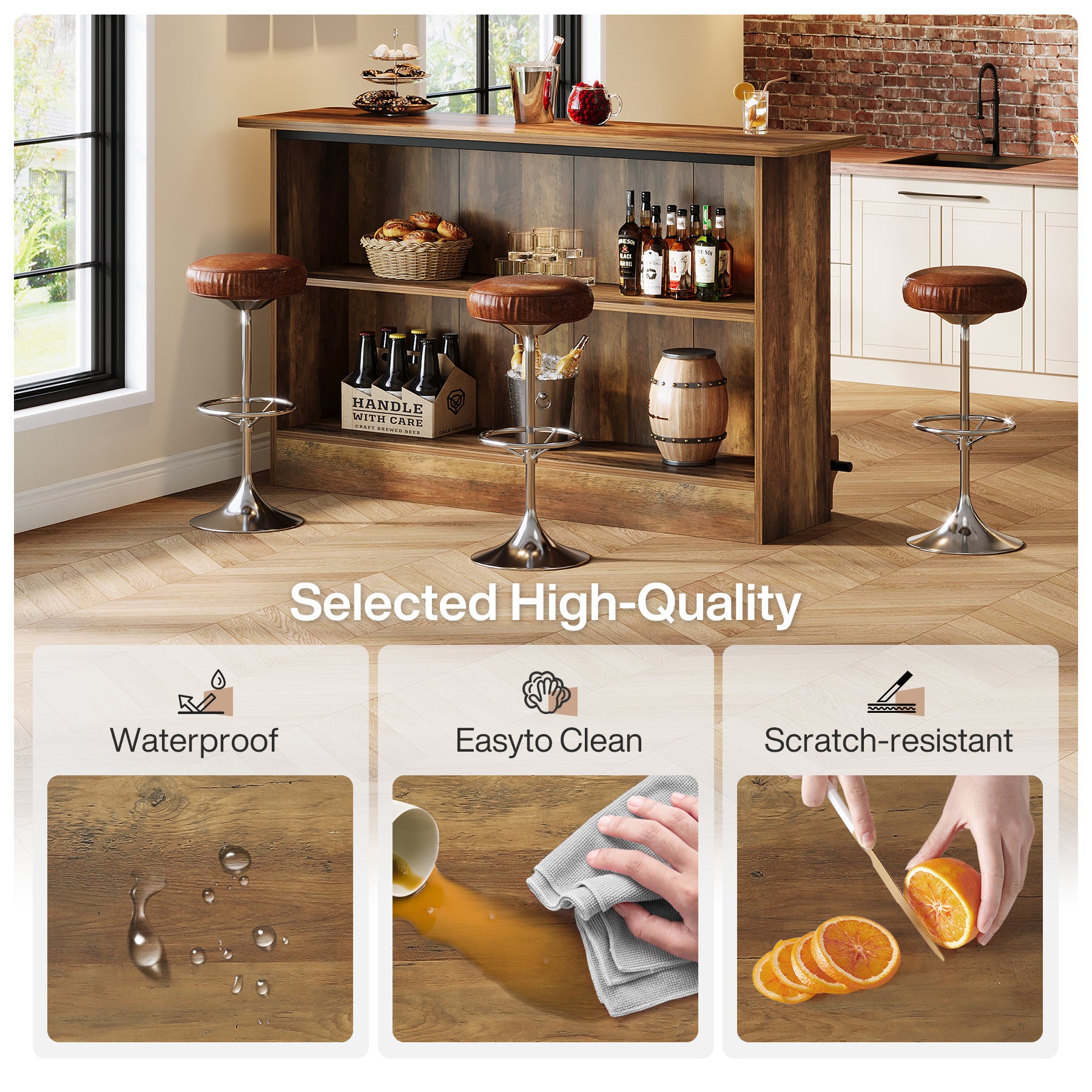 63-Inch Bar Table with 2-Tier Storage Shelves and Metal Footrest for Bistro and Basement Bar