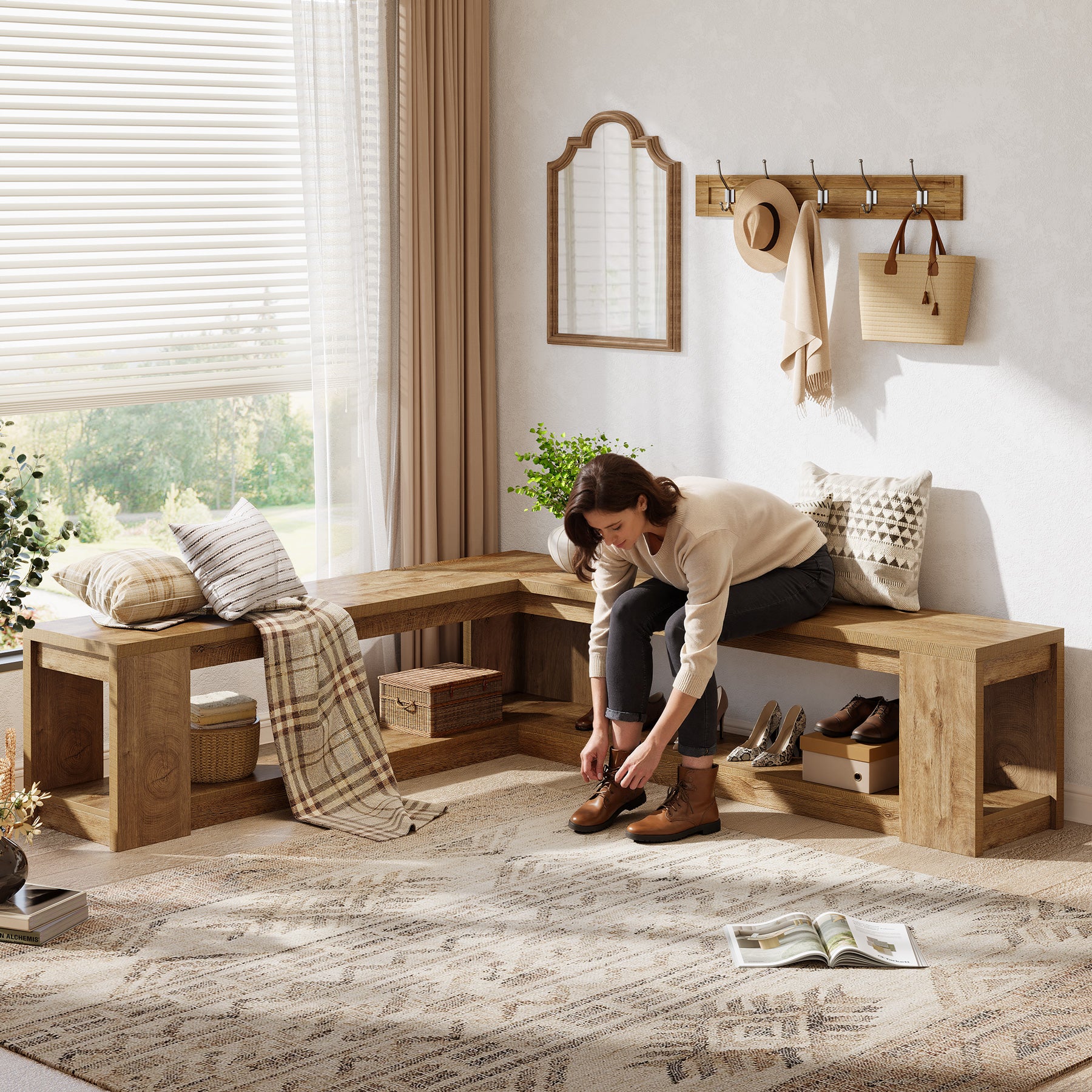 Tribesigns 61-Inch L-Shaped Shoe Bench with Storage, Farmhouse Corner Entryway Bench for Dining Room Living Room and Cloakroom