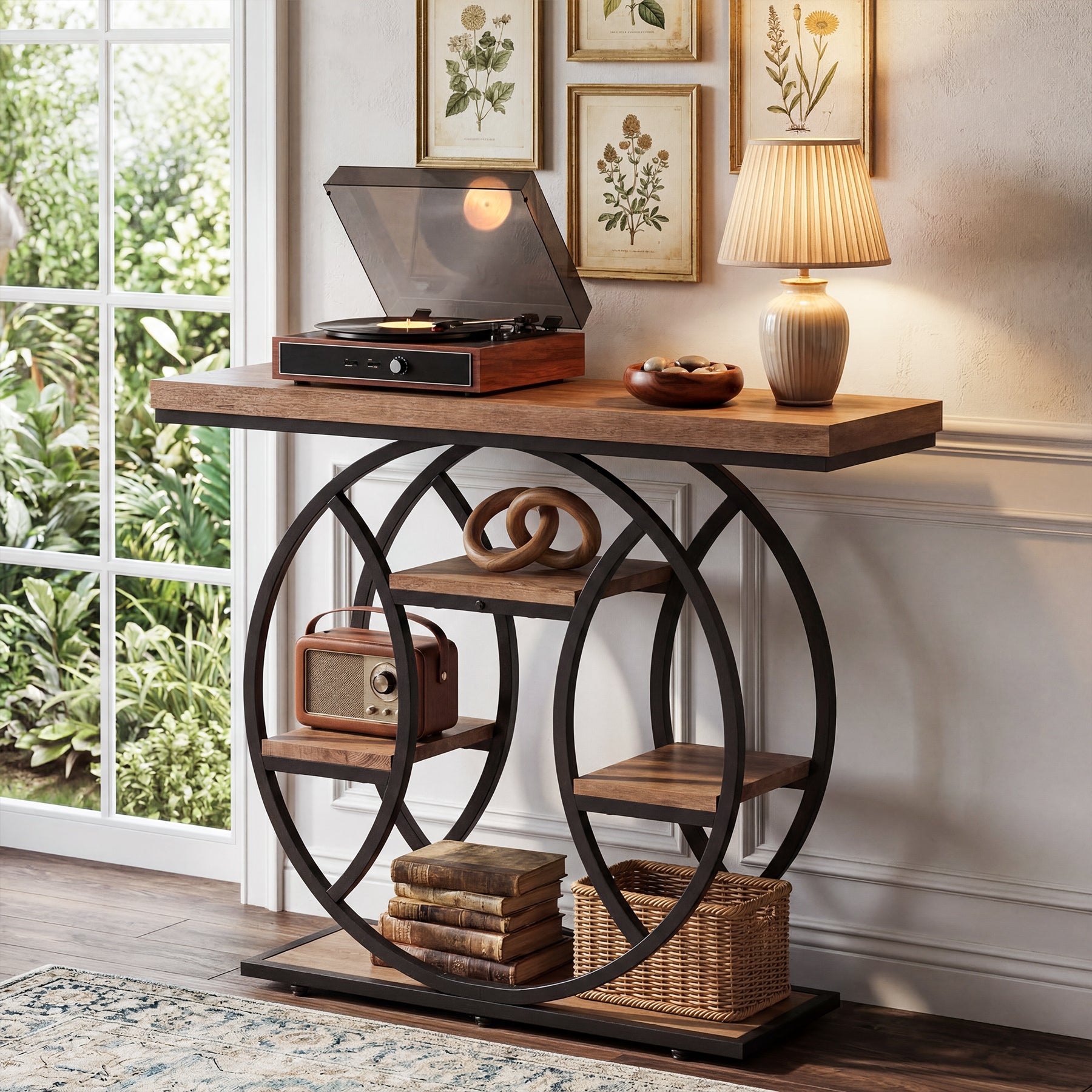41.3" Industrial Console Table with 4-Tier Storage, Entryway Sofa Table for Hallway Living Room Entrance