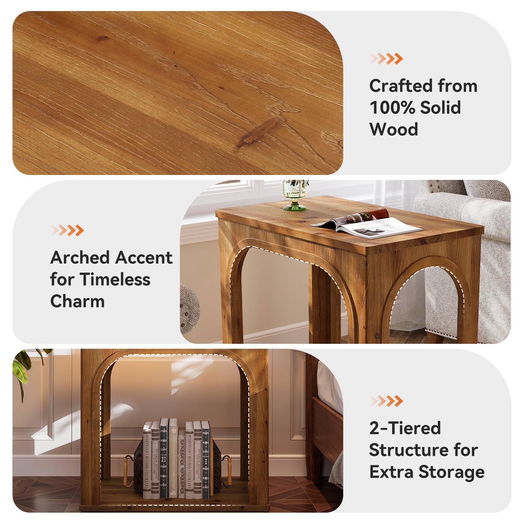 Tribesigns 25.2-Inch Solid Wood End Table with Arched Design and Bottom Shelf, 2-Tier Farmhouse Side Table for Living Room