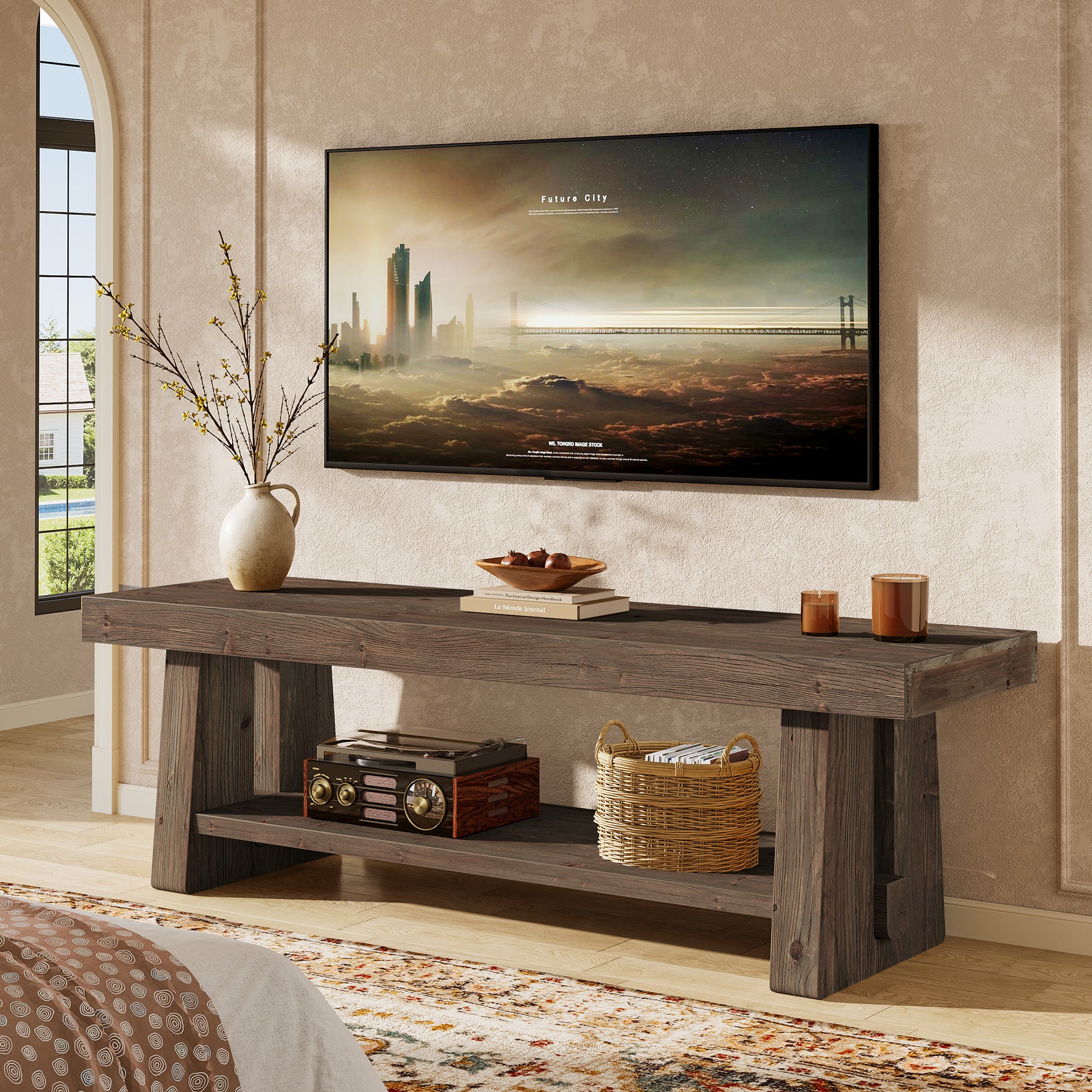Tribesigns 63-Inch Solid Wood Farmhouse Bench with 2-Tier Open Shoe Storage