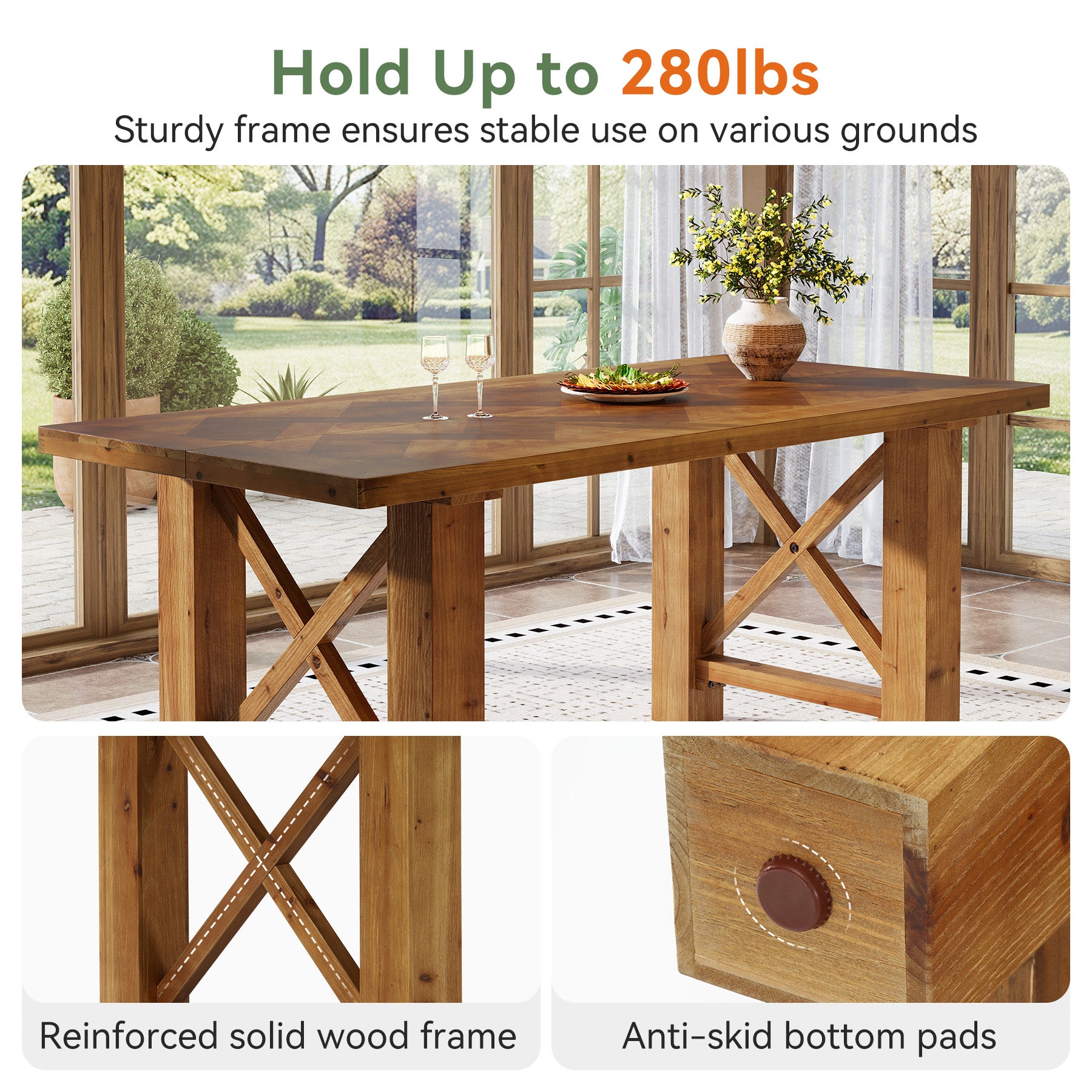 63-Inch Solid Fir Wood Dining Table with Herringbone Top, Farmhouse Table for Dining Room