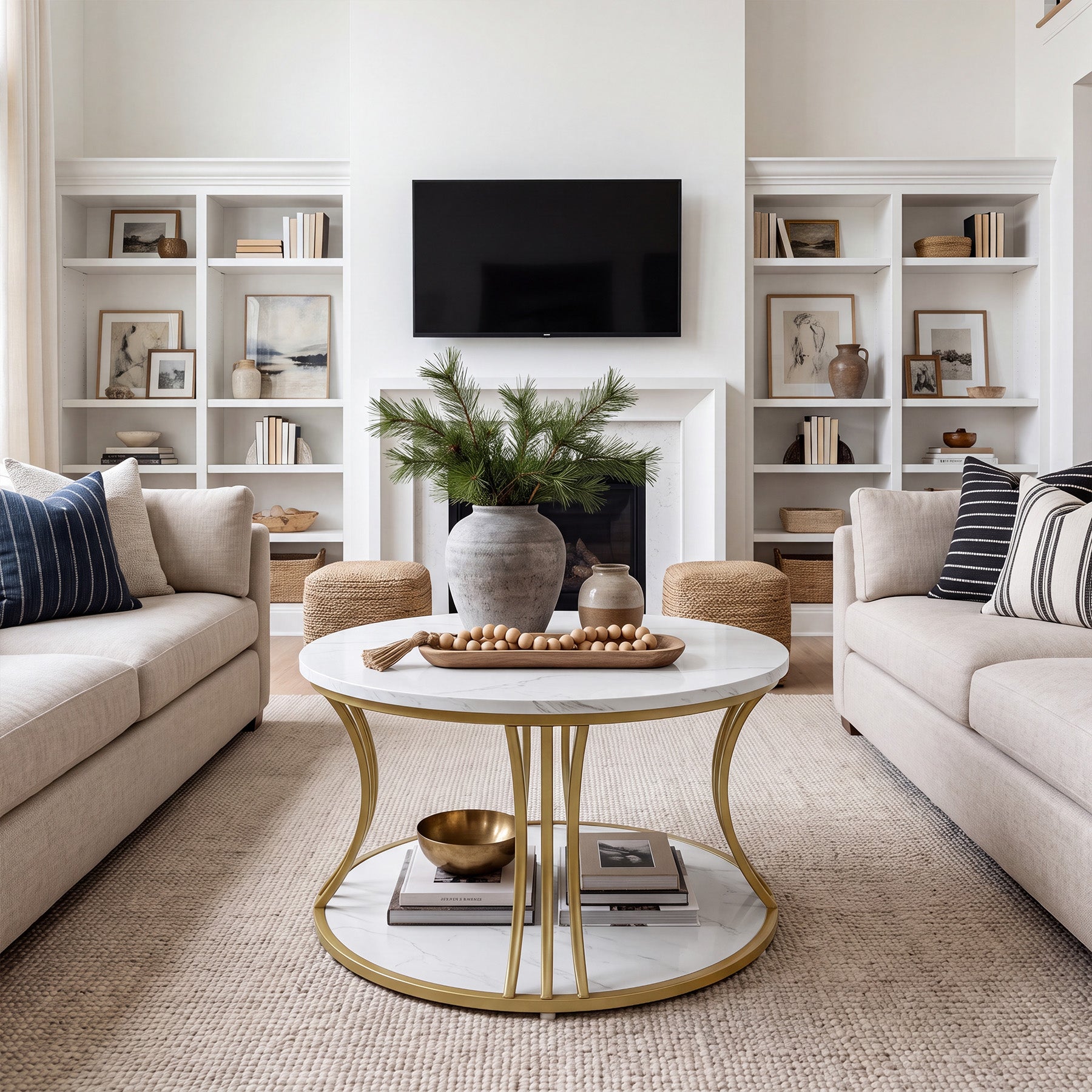 Tribesigns 31.5 Inch Round Coffee Table, 2 Tier Faux Marble Top with Gold Metal Frame for Living Room