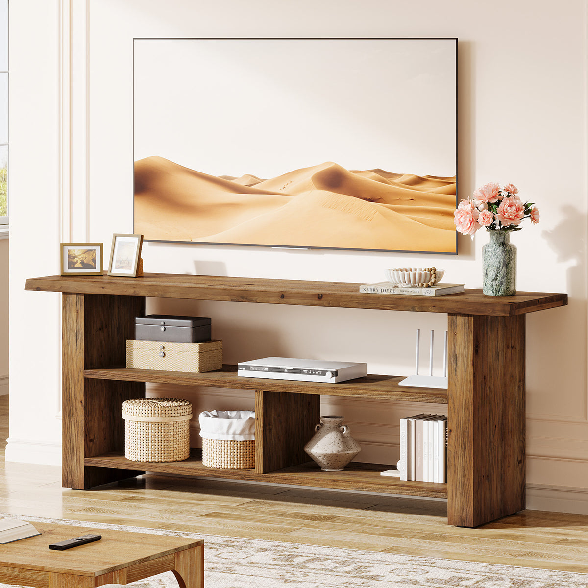 Tribesigns 63 Inch Solid Wood TV Stand with Open Storage, Farmhouse Media Console for Living Room