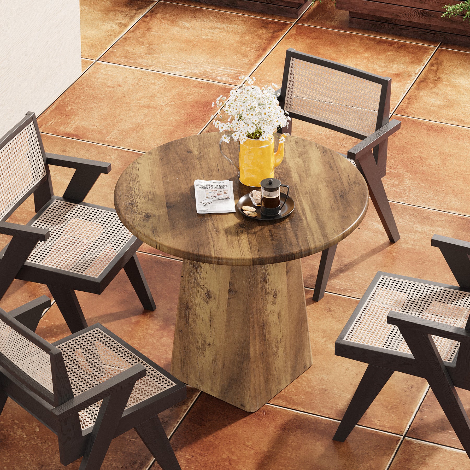 31.5" Dining Table for 4 - Round Farmhouse Kitchen Table with Square Base in Rustic Brown