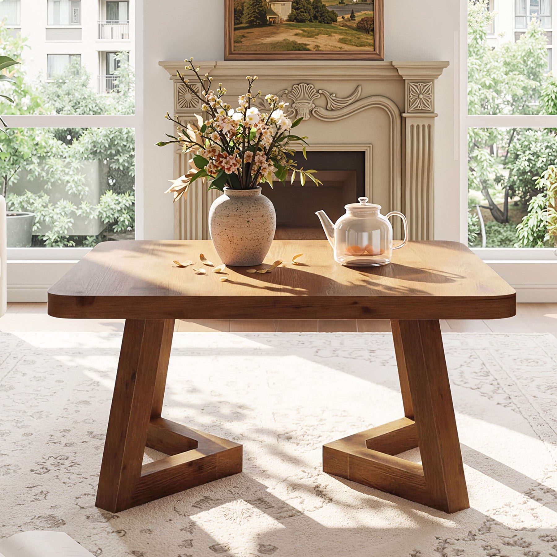 31.5 Inch Solid Wood Square Coffee Table, Farmhouse Center Table with Pedestal for Living Room