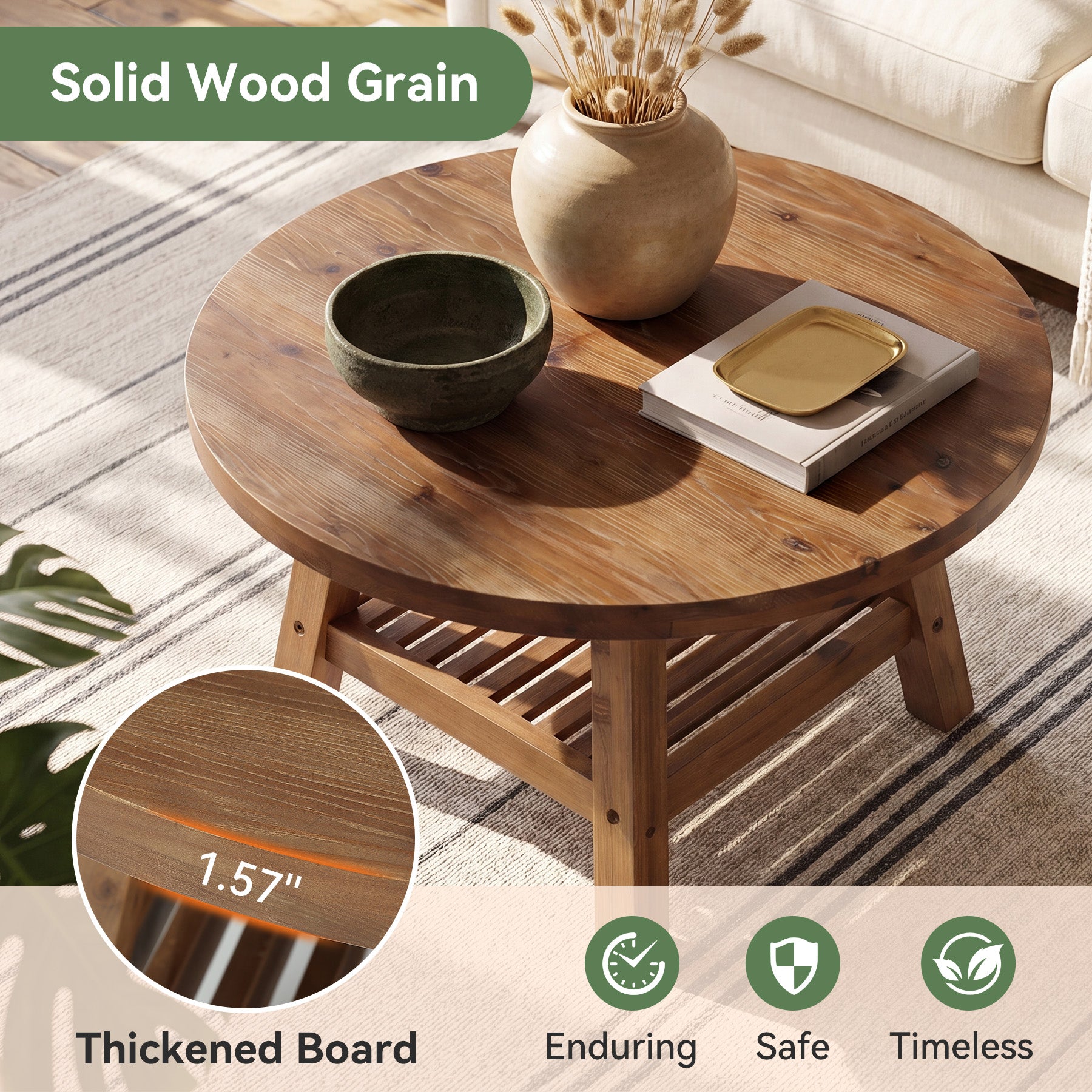 31.5 Inch Solid Wood Round Coffee Table with 2-Tier Storage, Living Room Center Table