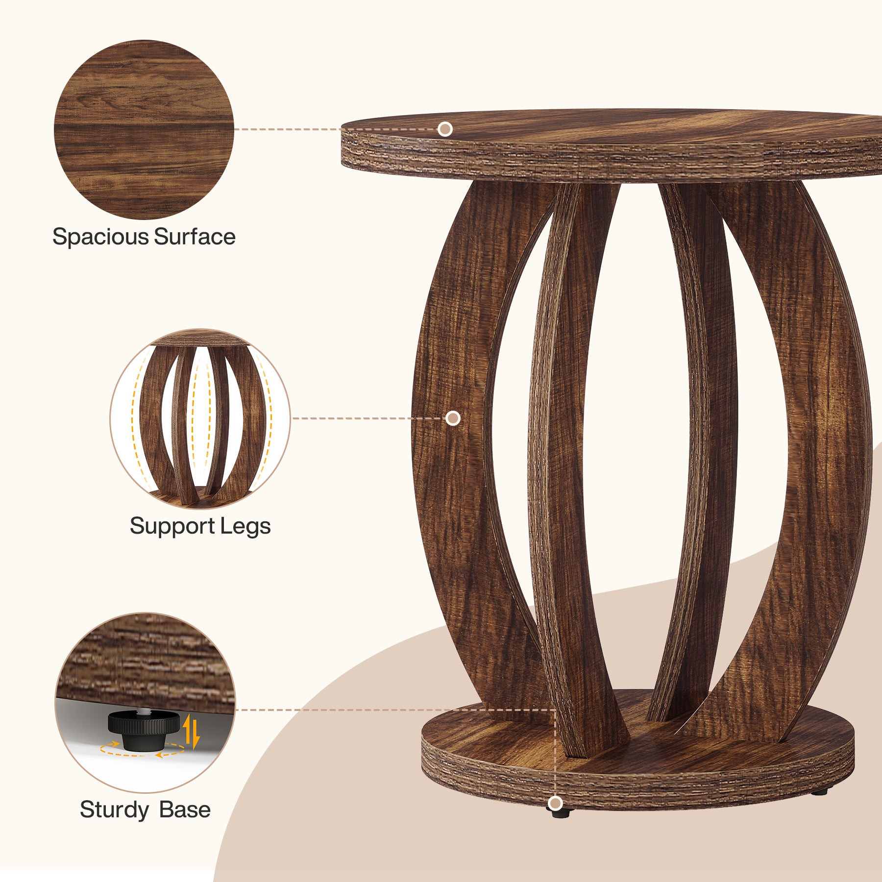 24" Round Farmhouse Nightstand - Bedside Table with Storage, Wood Base, Brown