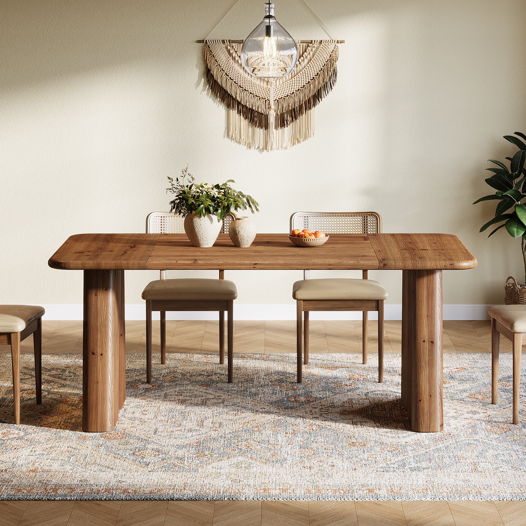 Tribesigns 63-Inch Solid Wood Dining Table with Double Pedestal Base, Rustic Table for Dining Room