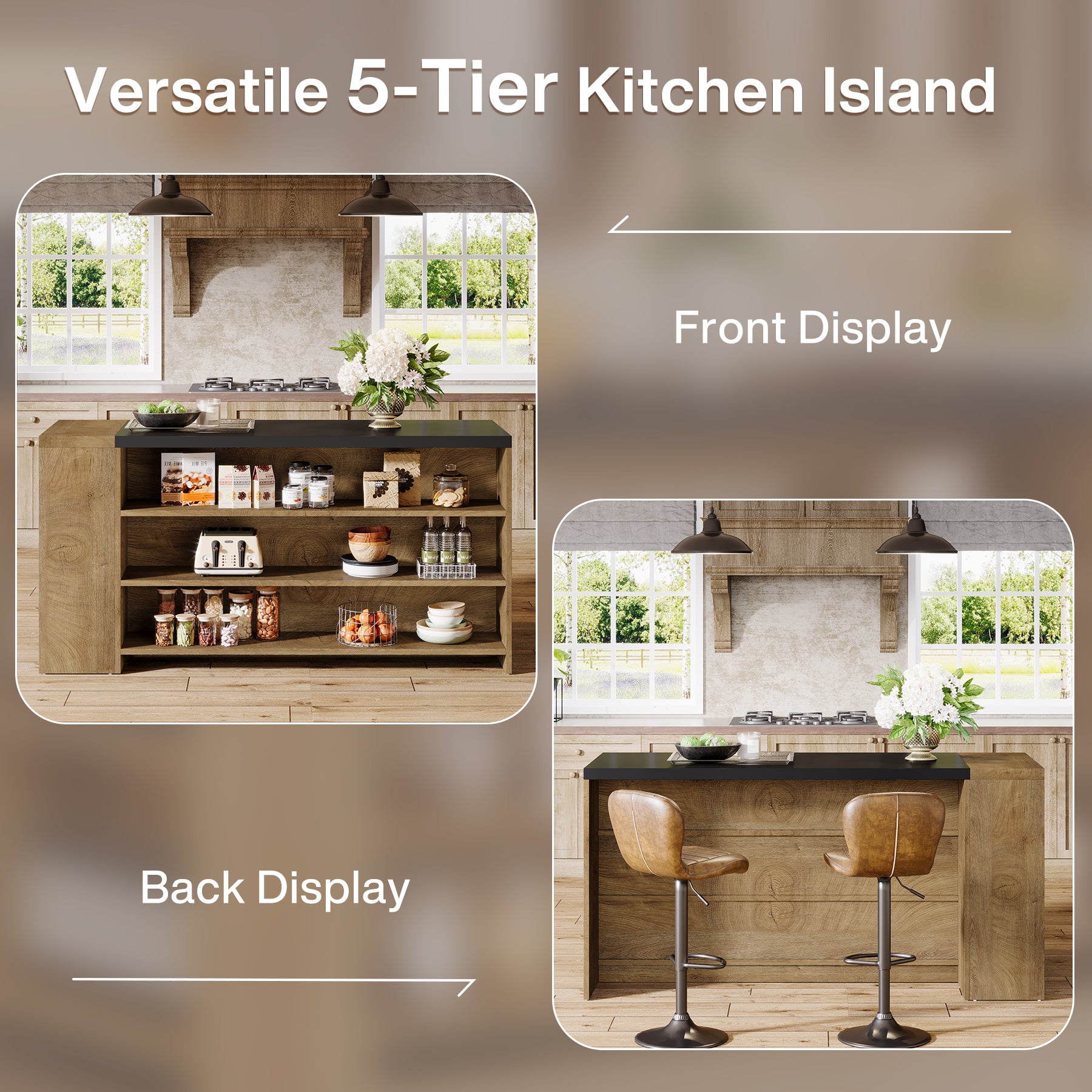 55.12-Inch Kitchen Island with 5-Tier Storage Shelves and Large Countertop, Farmhouse Coffee Bar Table for Kitchen