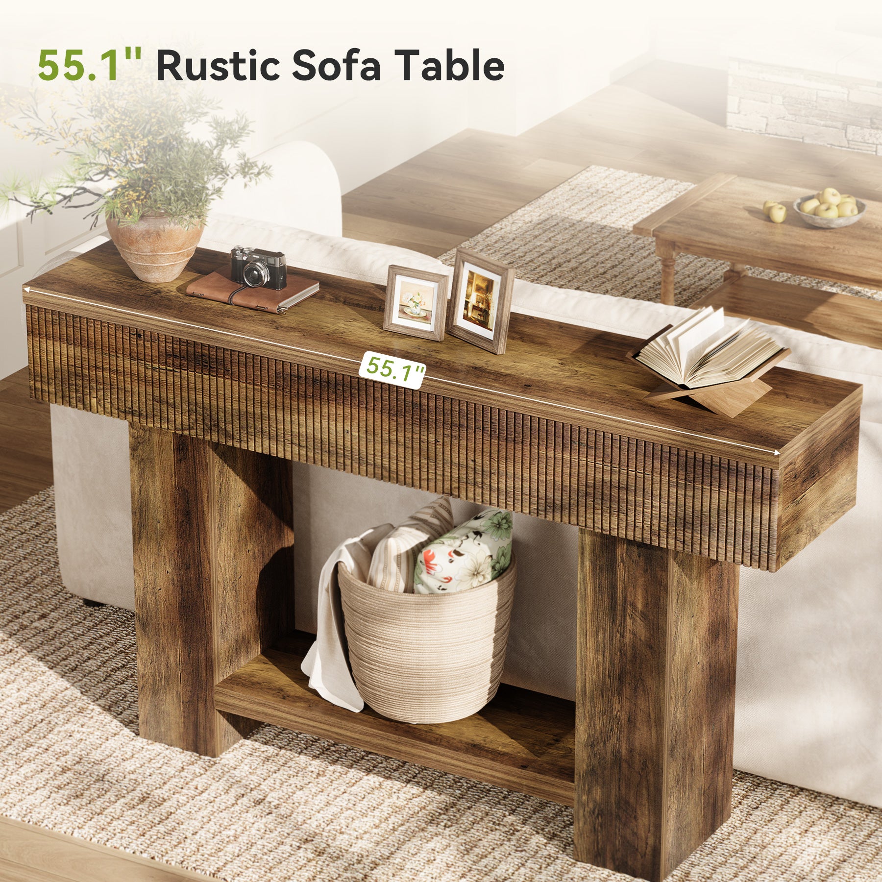 55-Inch Farmhouse Console Table with 2-Tier Storage and U-Shaped Base, Narrow Entryway Sofa Table for Hallway