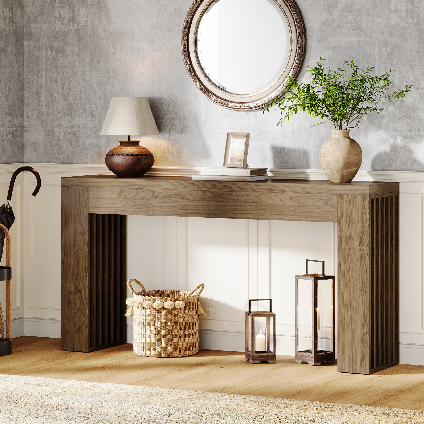 Tribesigns 59-Inch Console Table with Vertical Slat Legs and Wood Grain Finish, Farmhouse Sofa Table for Entryway Hallway and Living Room