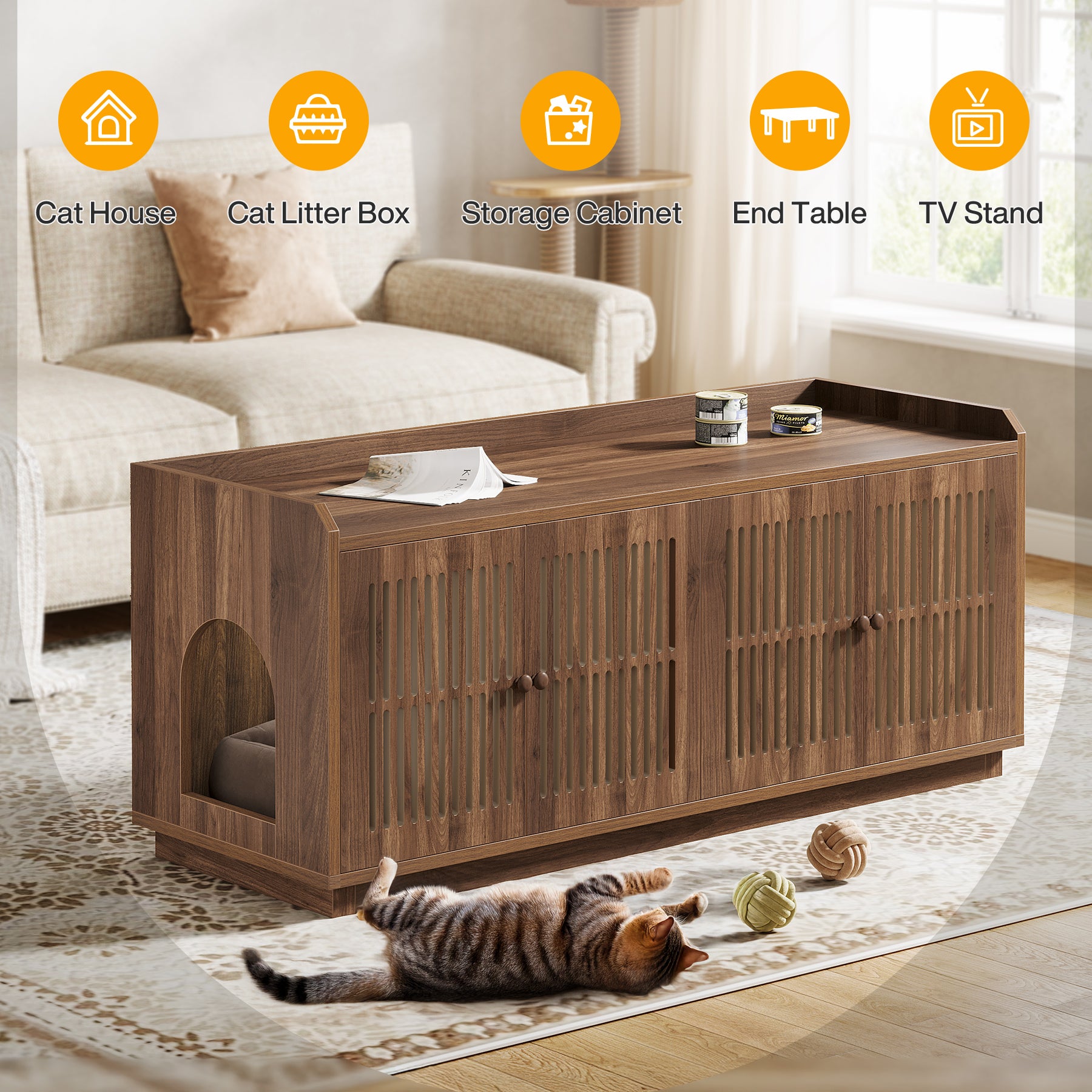 55.1-Inch Extra Large Cat Litter Box Enclosure for 2 Cats with 2 Cabinets and Side Entry, Hidden Wooden Cat Washroom Furniture for Living Room