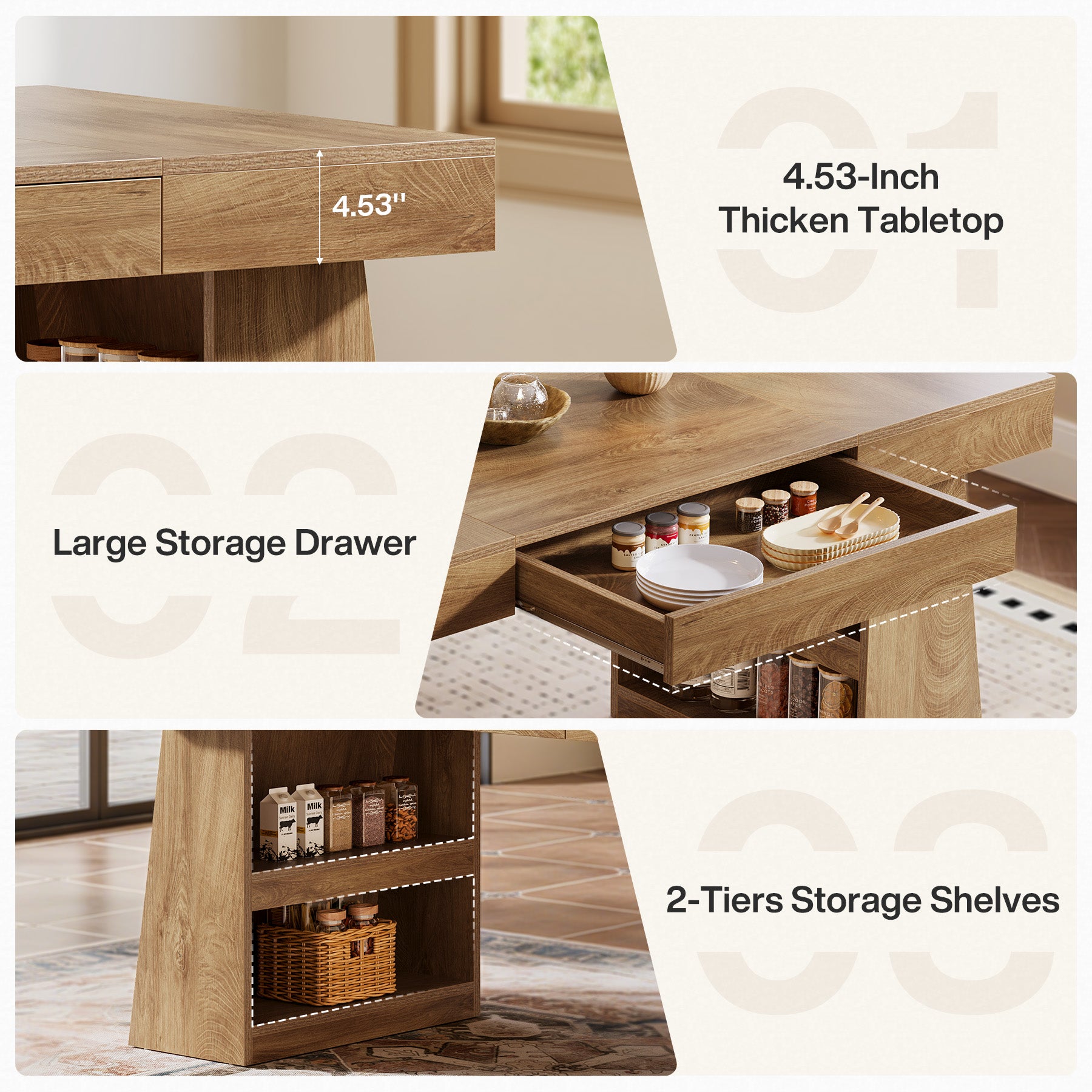 Tribesigns 55 Inch Dining Table for 4-6 People, Farmhouse Wooden Kitchen Table with Storage Drawer and Shelves