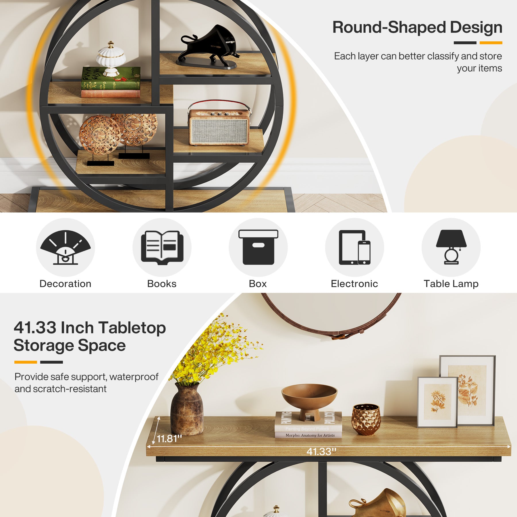 Tribesigns Industrial Console Table - 105cm Narrow 6-Tier Sofa Entryway Table with Circle Base, Storage Shelves