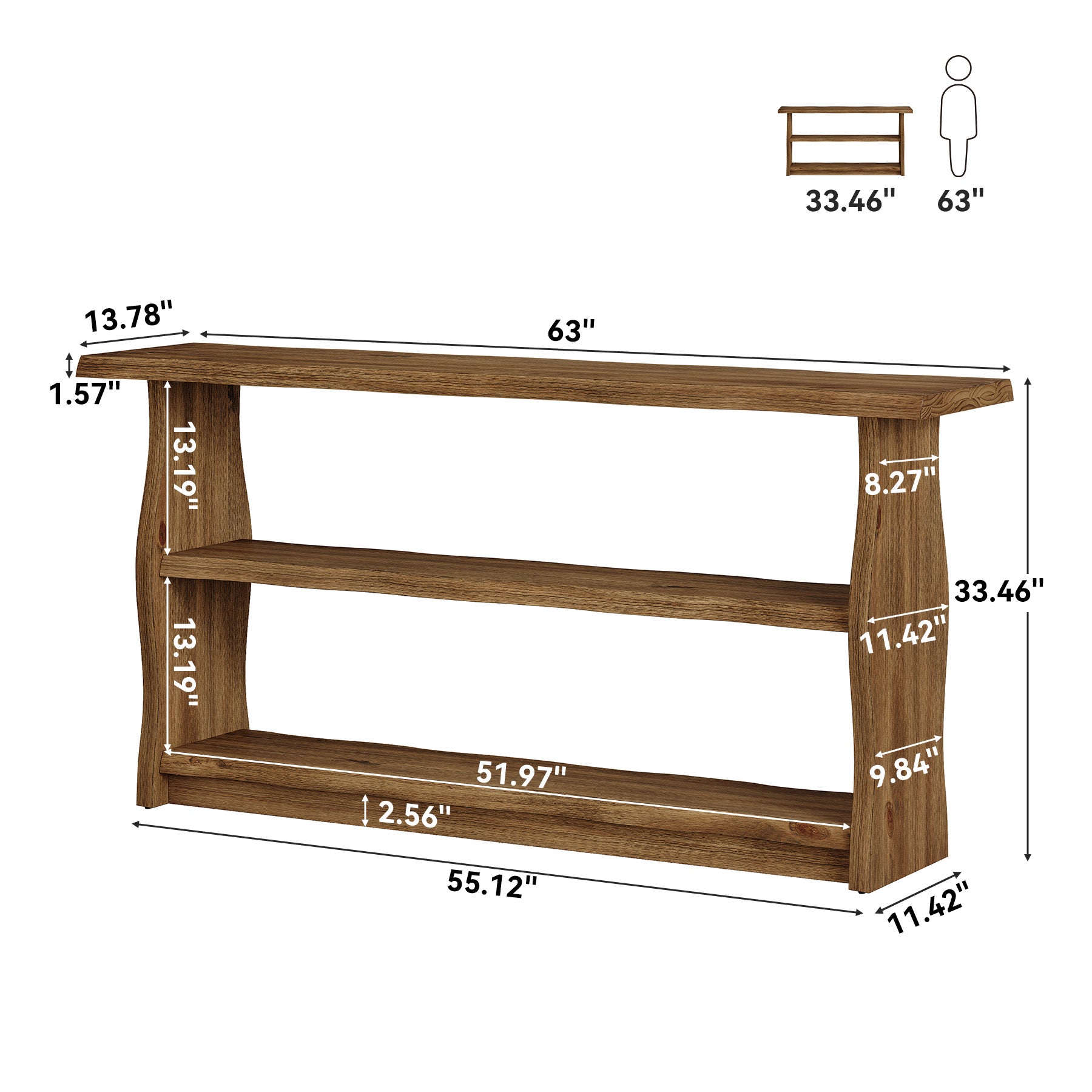 63-Inch Solid Wood Console Table with 3-Tier Open Storage, Rustic Pinewood Entryway Table for Hallway