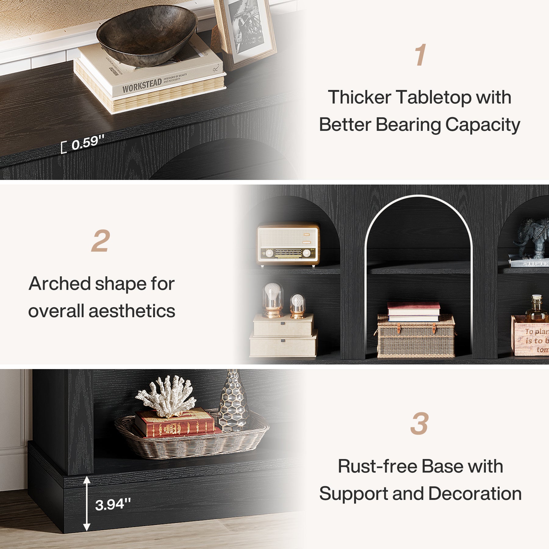 63" Farmhouse Console Table - 3-Tier Sofa Table with Storage