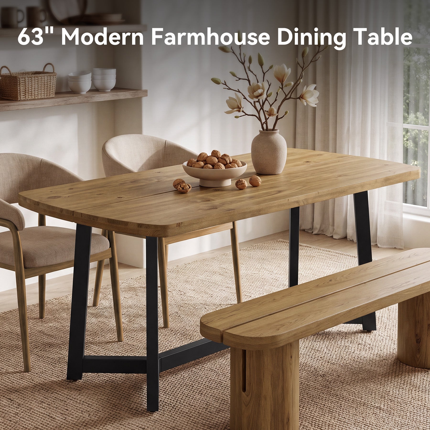 Tribesigns 63-Inch Solid Pine Wood Dining Table for 4-6, Industrial Farmhouse Kitchen Table