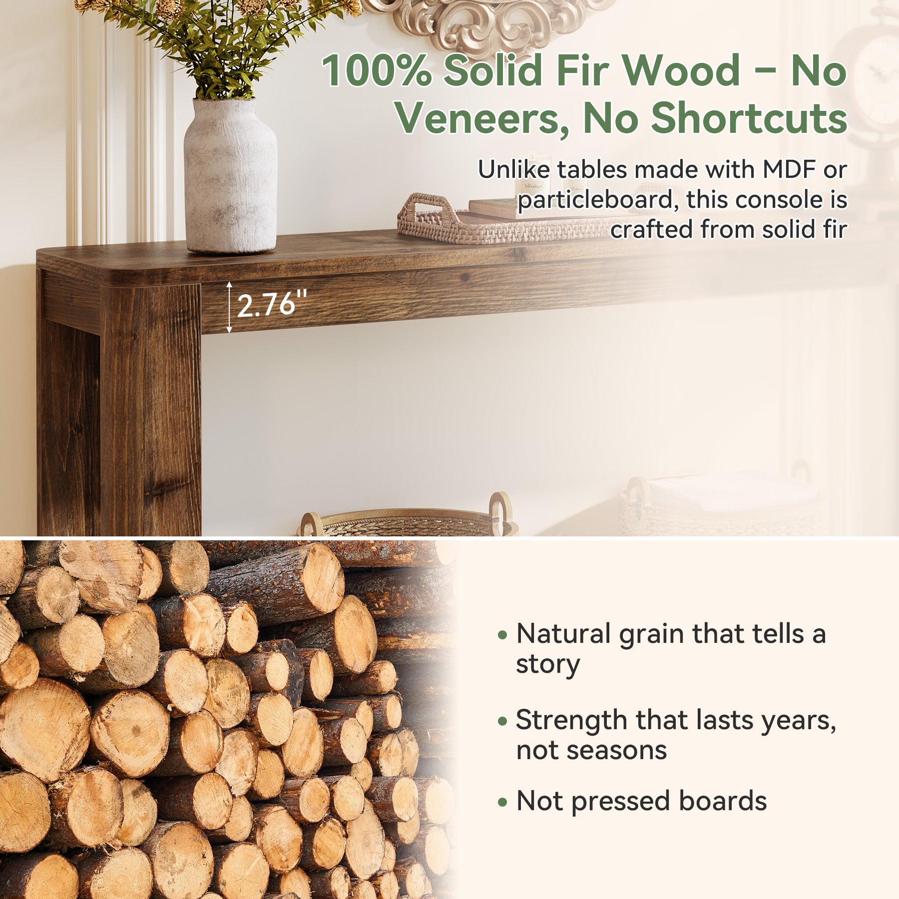 63" Console Table, Solid Wood Farmhouse Sofa Table with 2-Tier Storage