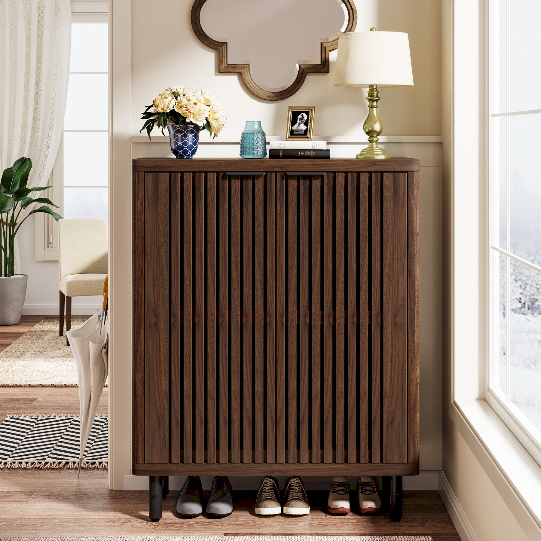 33.46-Inch 6-Tier Farmhouse Shoe Cabinet with Shutter Doors, Wooden Shoe Organizer with Adjustable Shelves for Entryway and Hallway