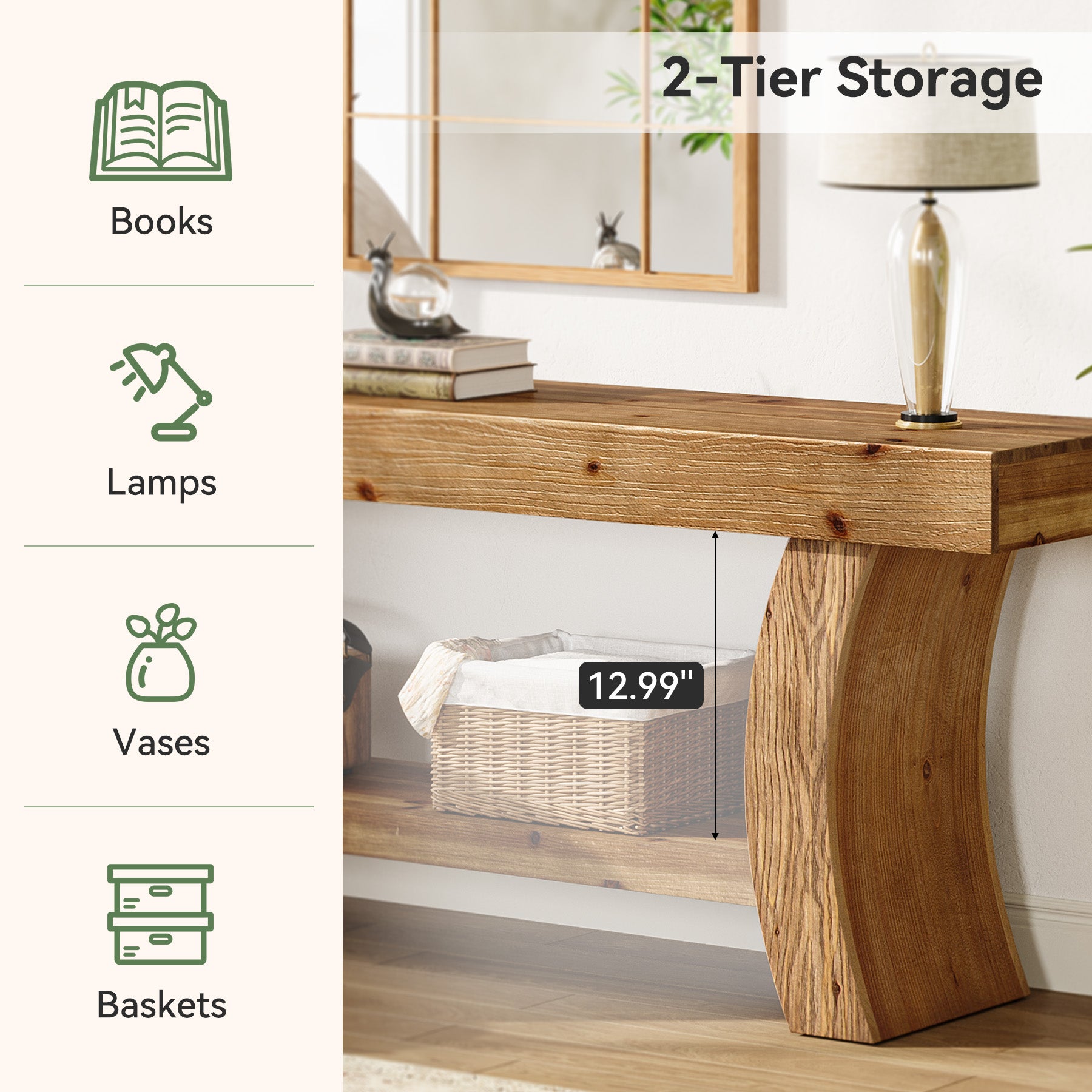 Tribesigns 63-Inch Solid Wood Console Table with Curved Legs and Storage Shelf, Farmhouse Sofa Table for Entryway Living Room and Behind Couch