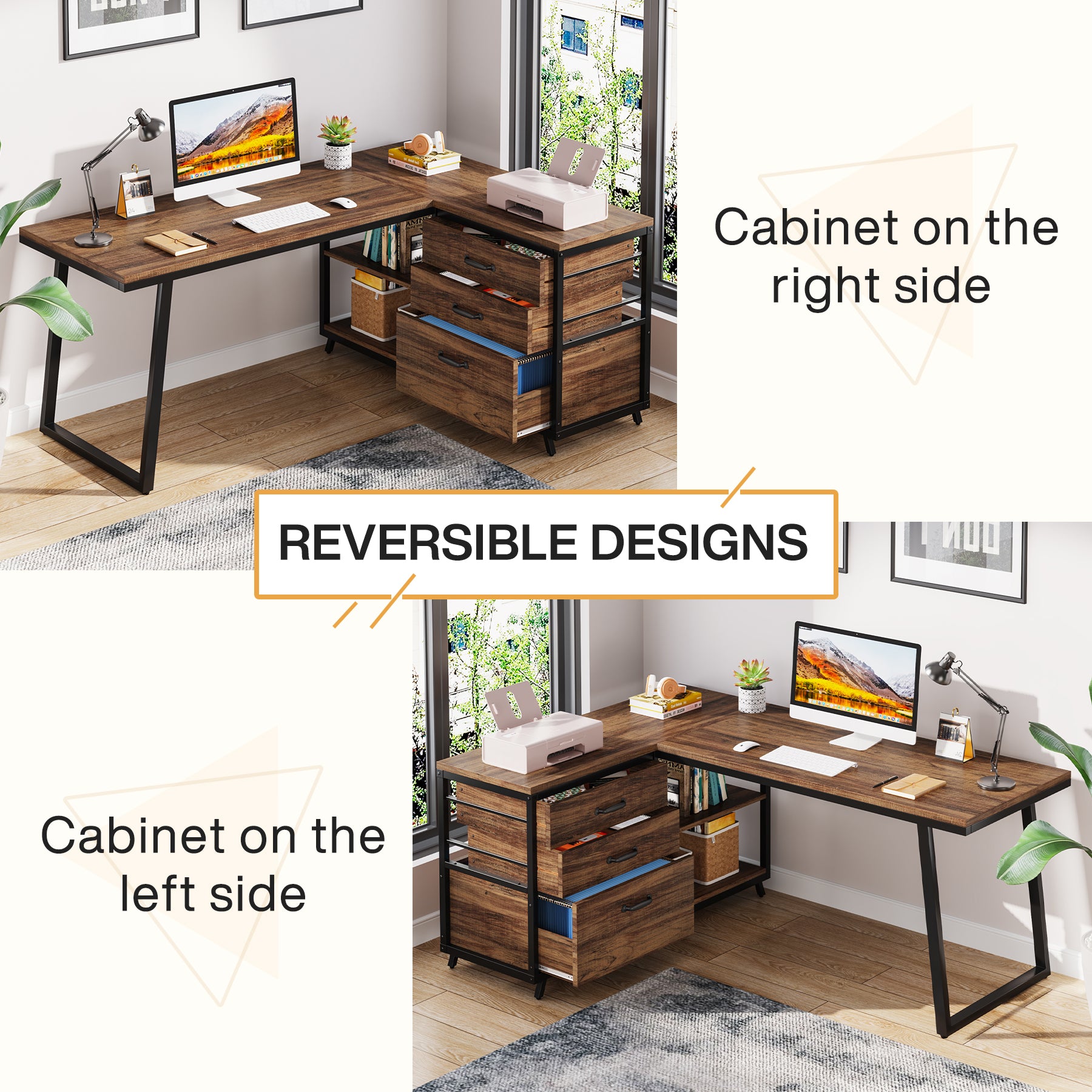 Reversible L-Shaped Computer Desk with 3 Drawers and Shelves, 53-Inch Rustic Brown Corner Desk for Small Spaces