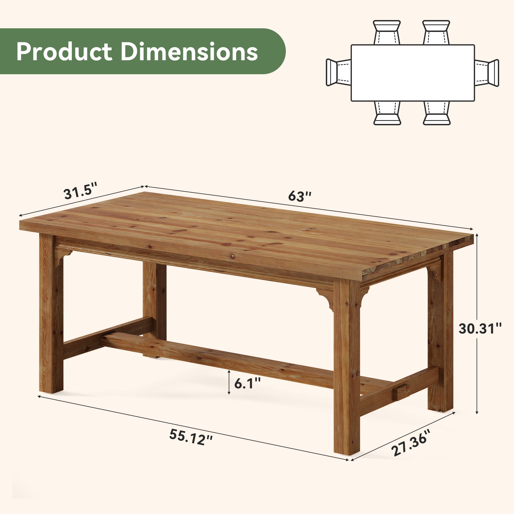 63-Inch Solid Wood 4-6 Seater Dining Table with Thick Top, Rectangular Farmhouse Table