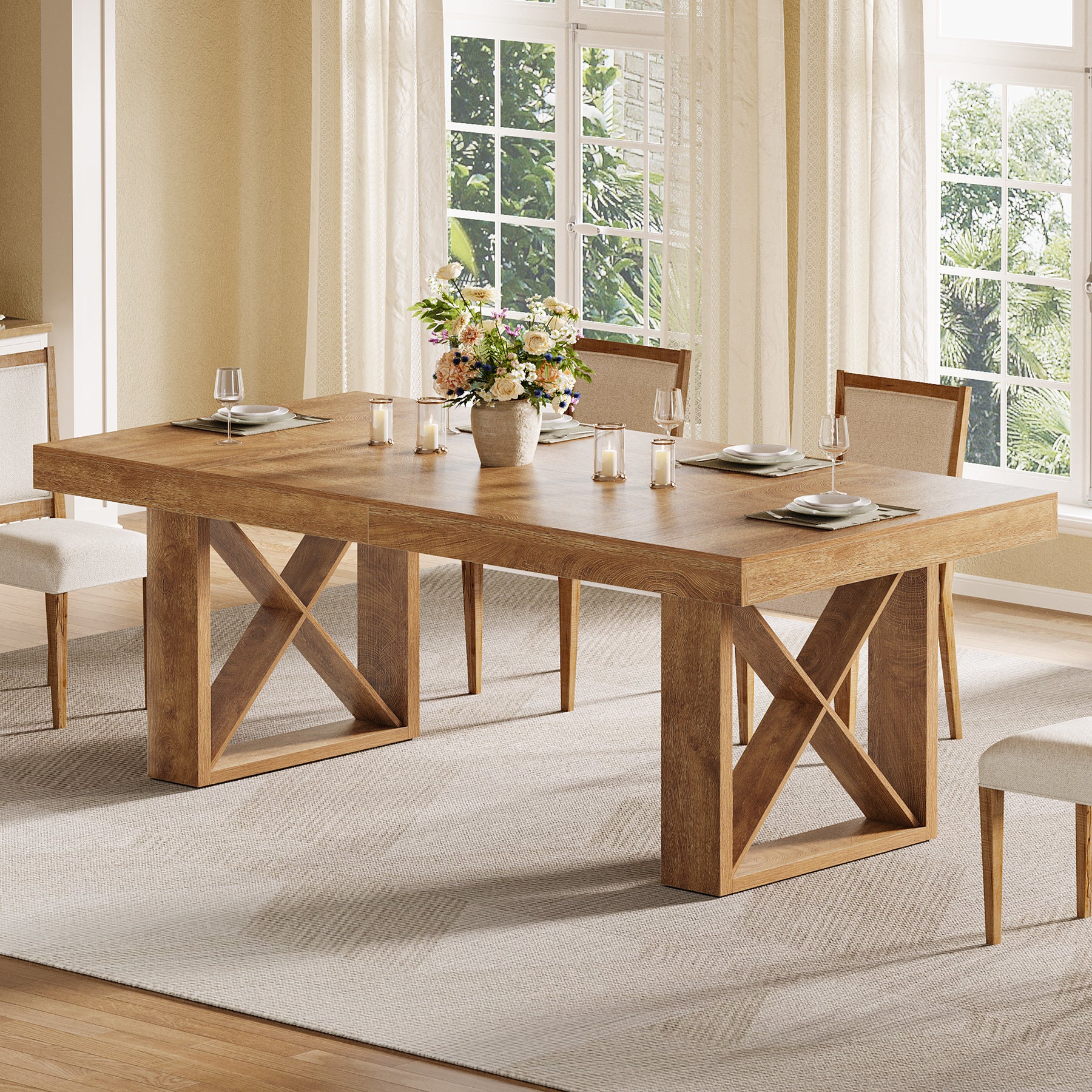 63 Inch Dining Table for 4 People, Farmhouse Kitchen Table with Thick Top for Dining Room Living Room