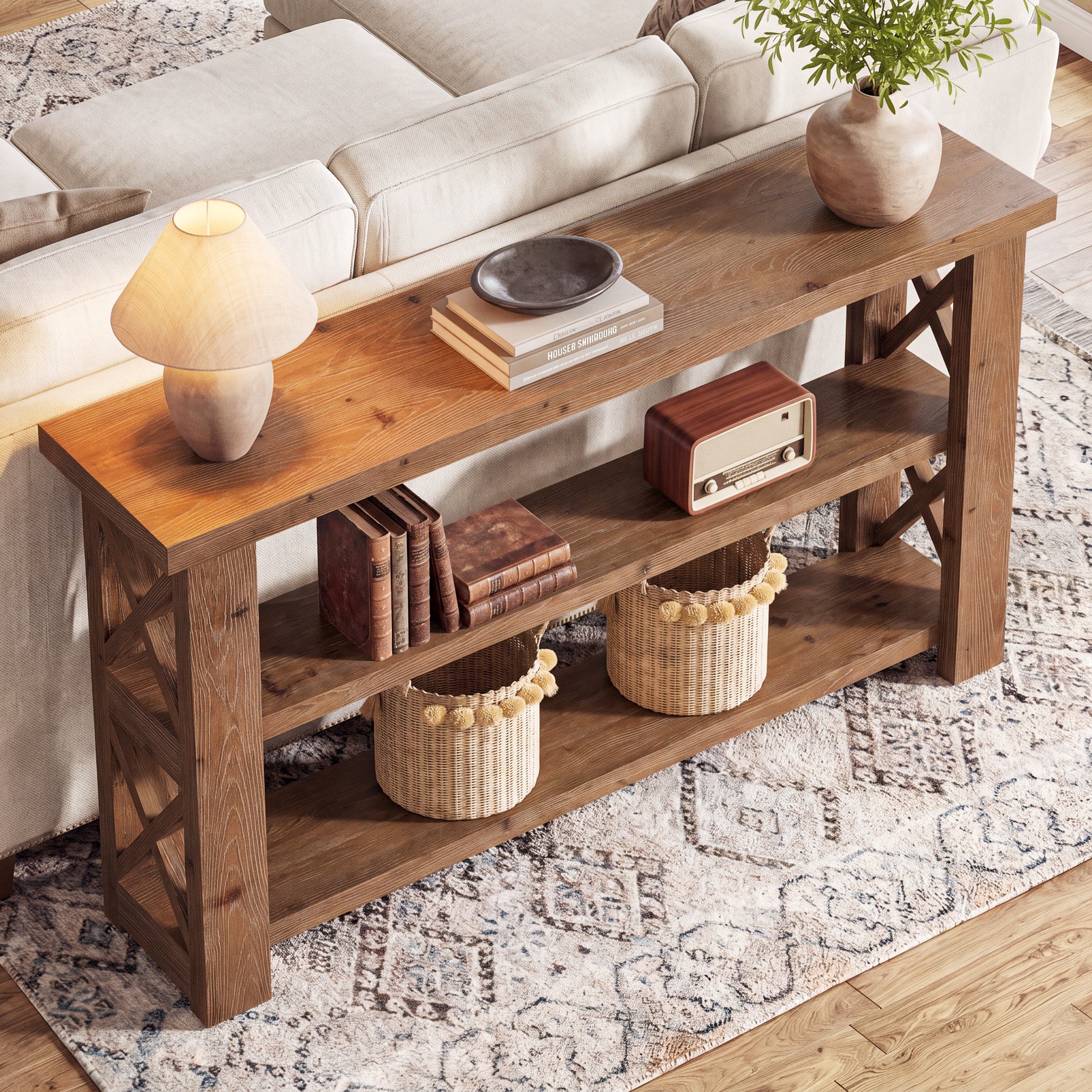 Tribesigns 63 Inch Solid Wood Console Table with X-Frame, 3-Tier Hallway Table for Living Room