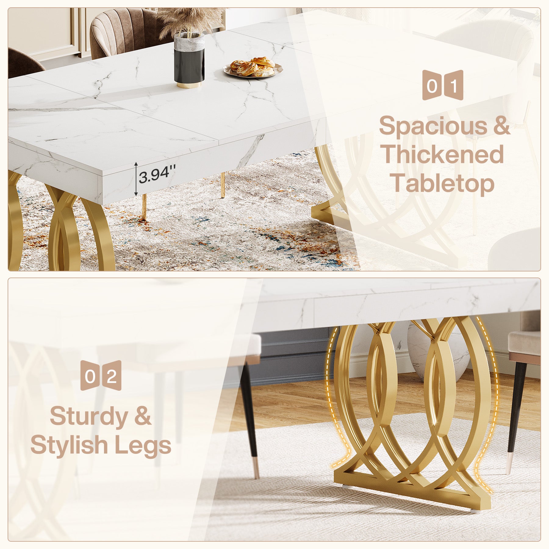 Tribesigns 63-Inch Modern Dining Table for 4-6 People, Faux Marble Kitchen Table with Gold Legs