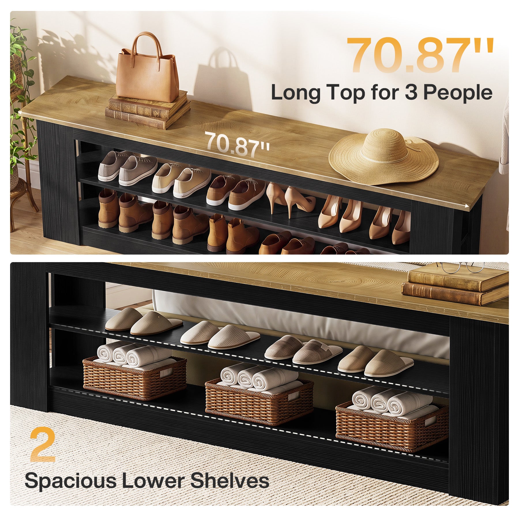 71-Inch Extra Long Shoe Storage Bench with 3-Tier Shelving, Farmhouse Entryway Seating