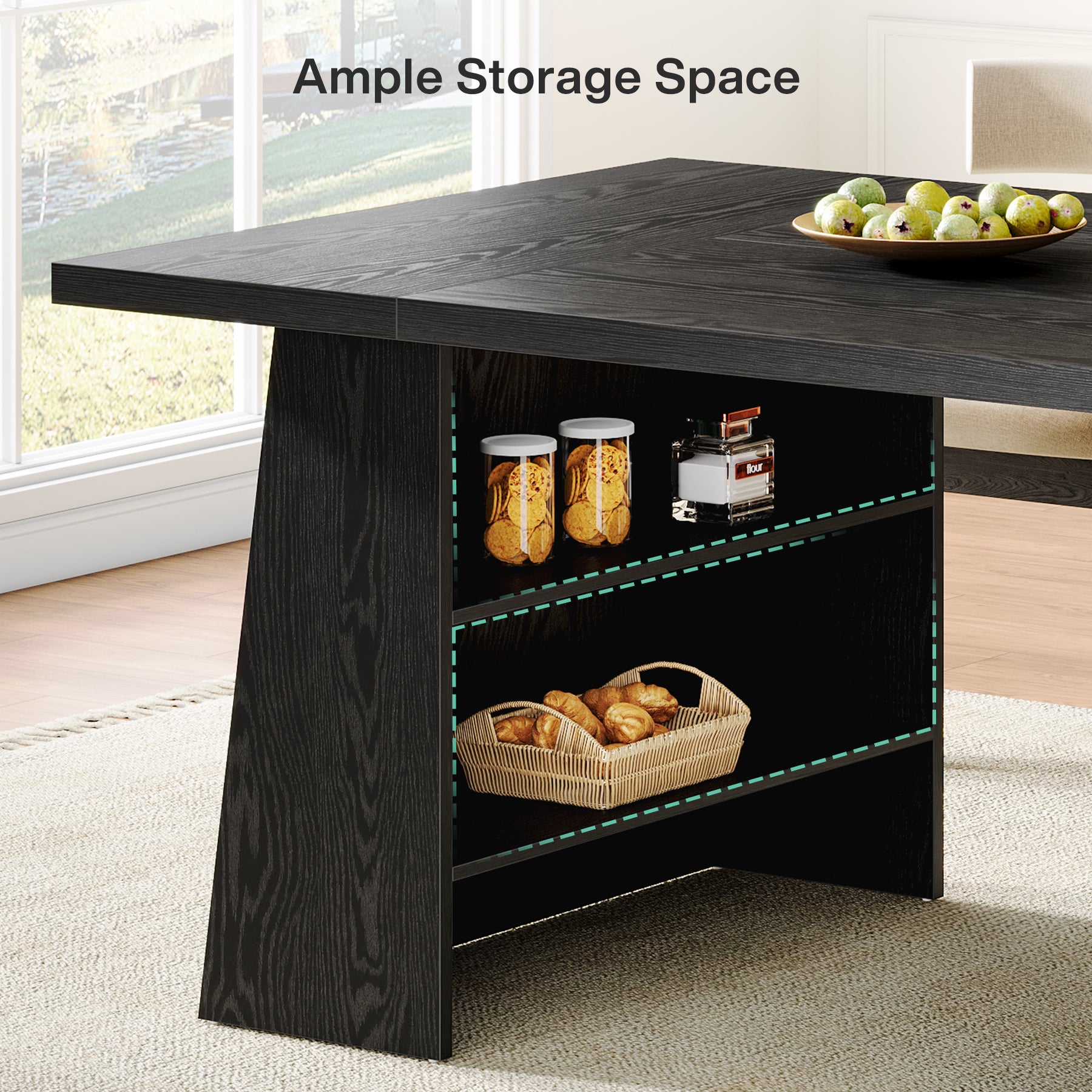 Tribesigns 63-Inch Black Kitchen Table with Double Pedestal Storage, Modern Dining Table for 4-6 People
