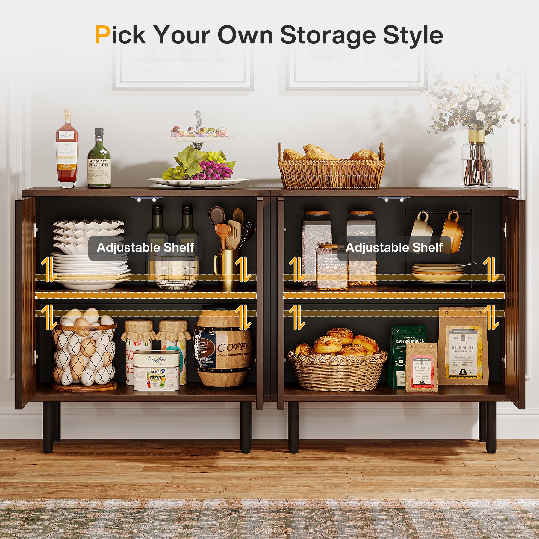 Tribesigns 59-Inch Vintage Sideboard Buffet Set of 2 with Adjustable Shelves, Farmhouse Storage Cabinet for Kitchen Living Room and Hallway