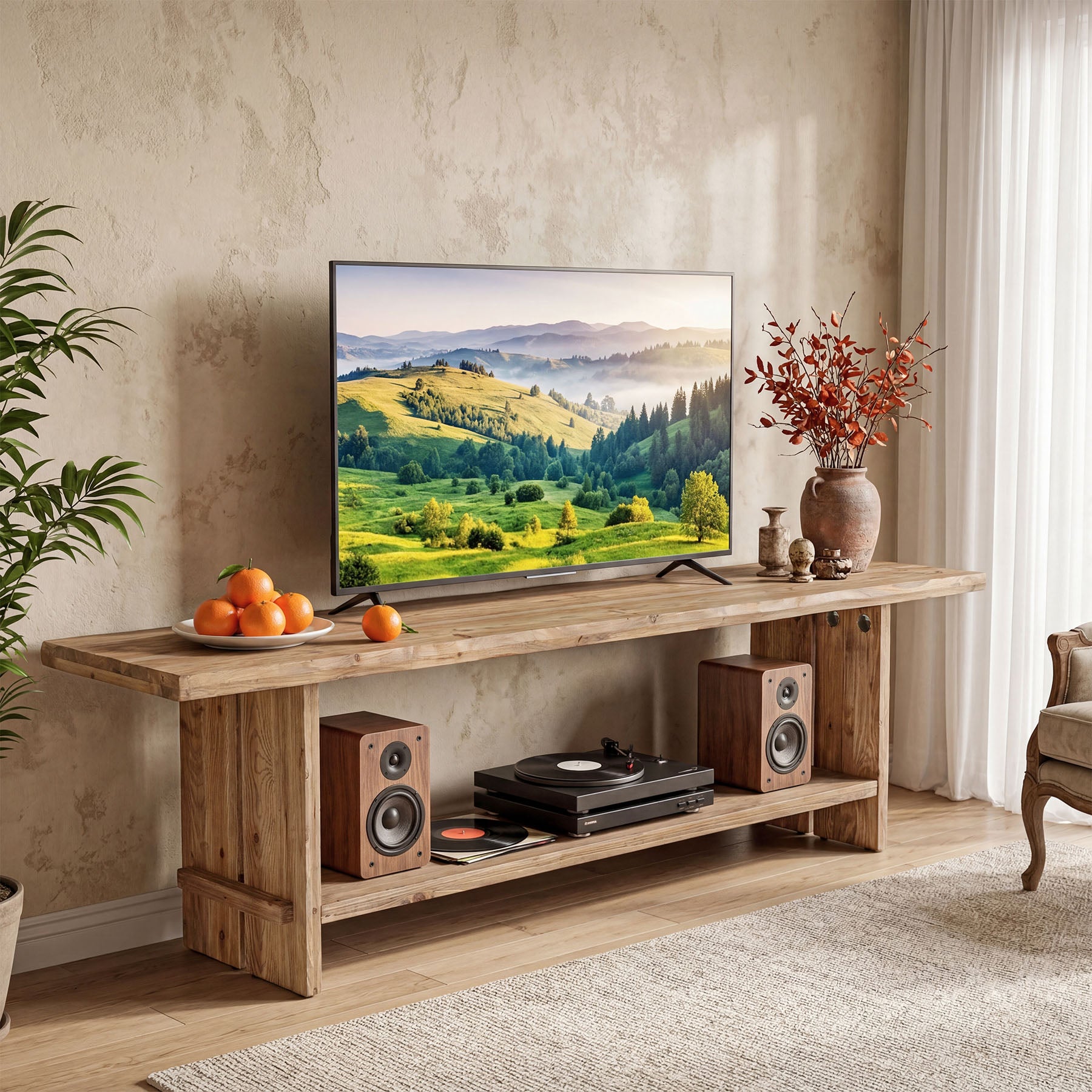 Tribesigns 71 Inch Solid Wood TV Stand with 2-Tier Storage, Media Console for 55 to 85 Inch TVs
