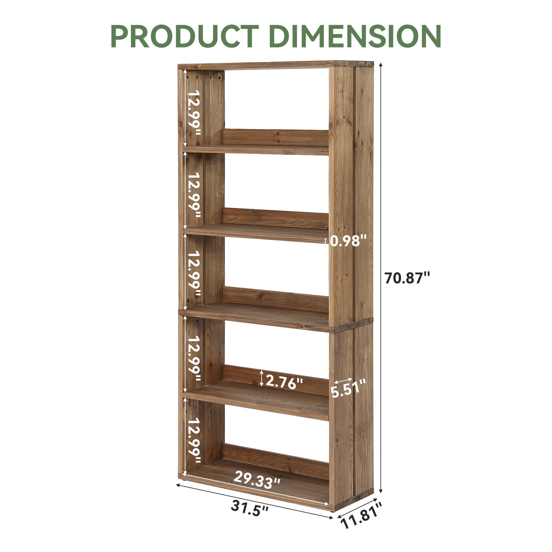 70.8 Inch Solid Wood Bookshelf, 5 Tier Rustic Bookcase with Display Storage for Home