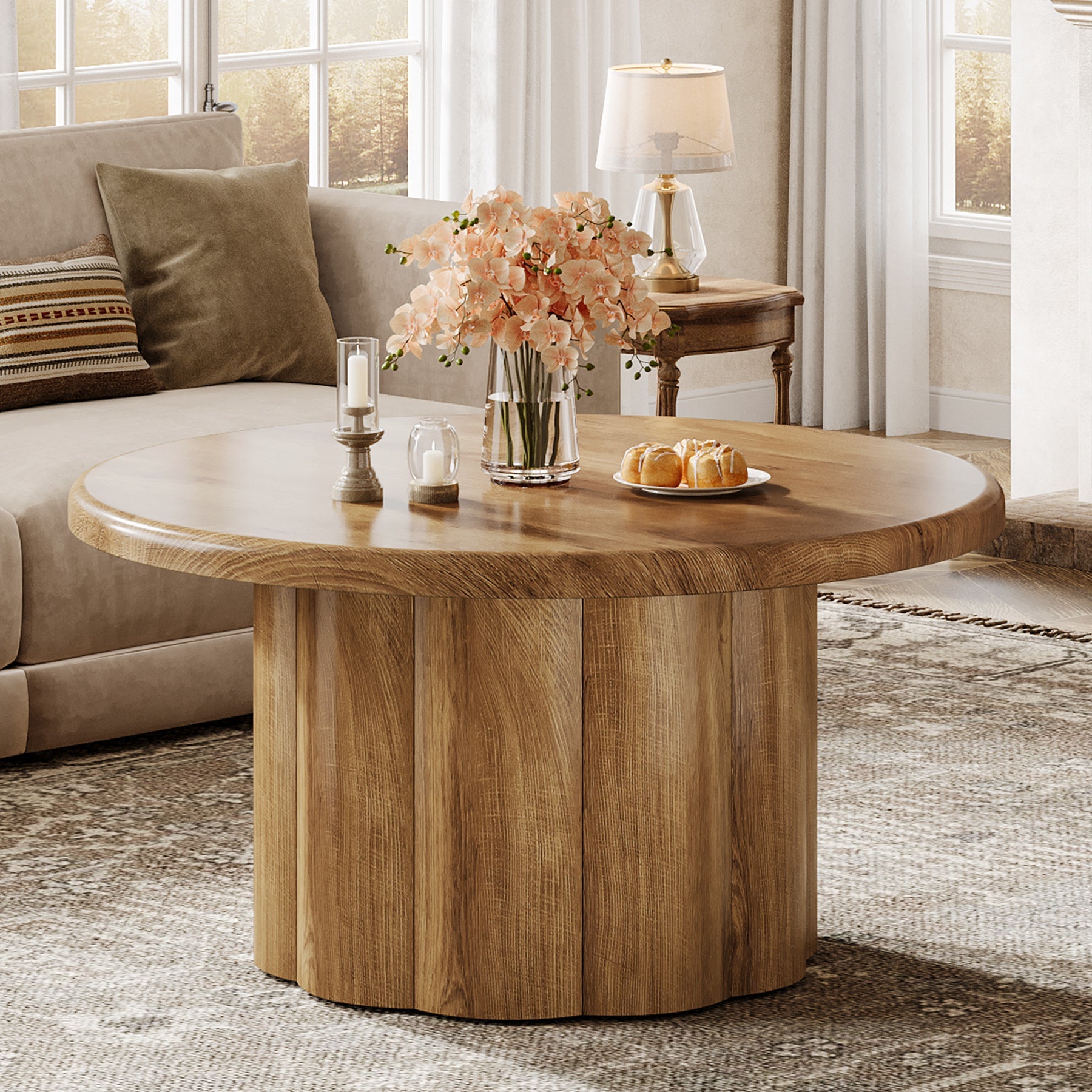 Rustic Fluted Drum Table,31.5" Round Farmhouse Center Table for Cozy Living