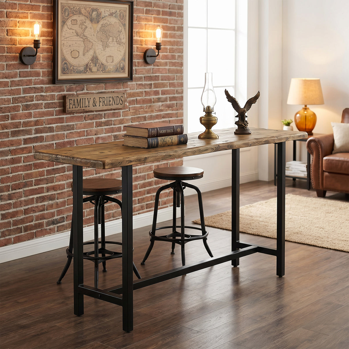 63 Inch Solid Wood Bar Table with Metal Footrest, Counter Height Dining Table for Home and Office