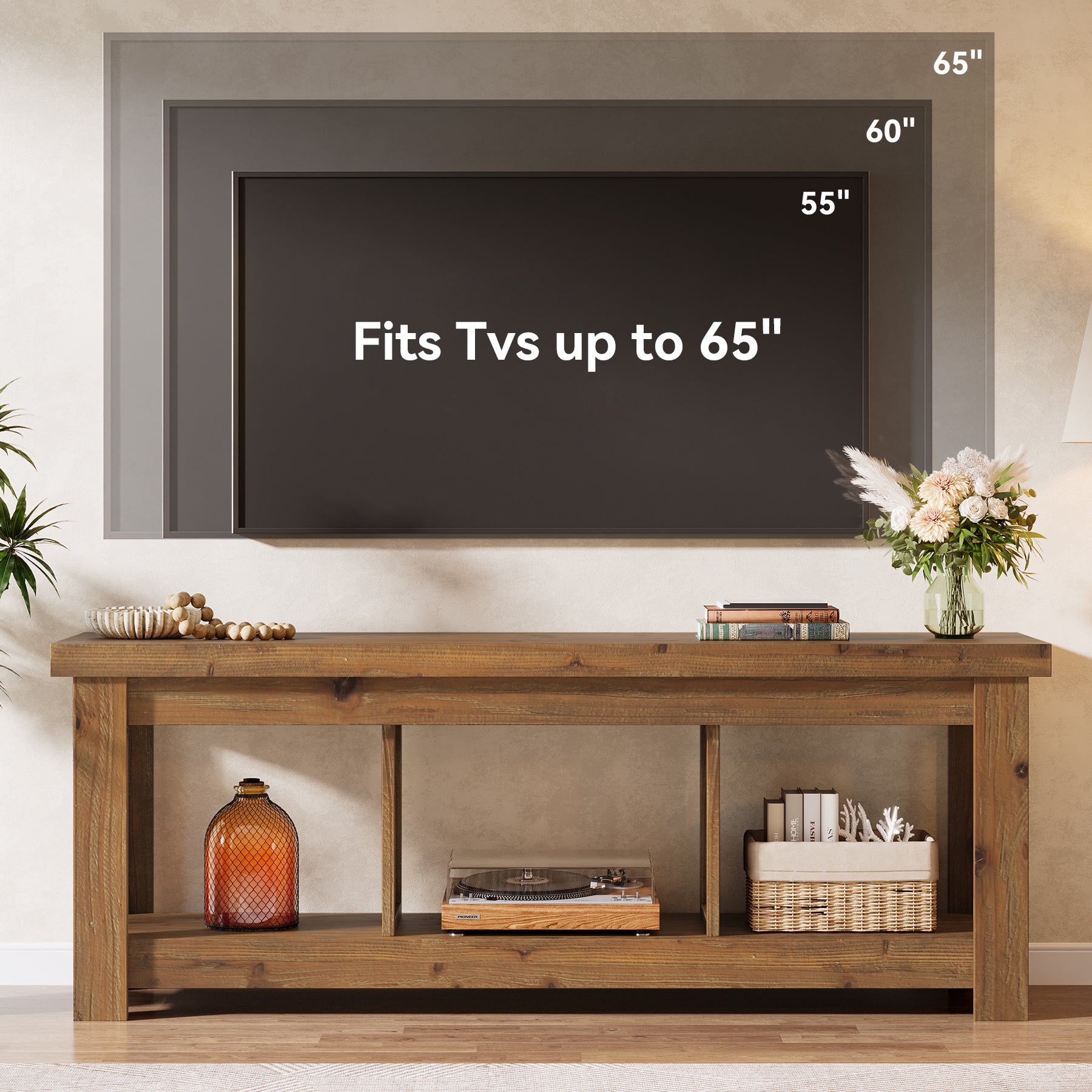 Tribesigns 63-Inch Solid Wood TV Stand with 3 Open Storage Shelves, Farmhouse Entertainment Center for TVs up to 75 Inches