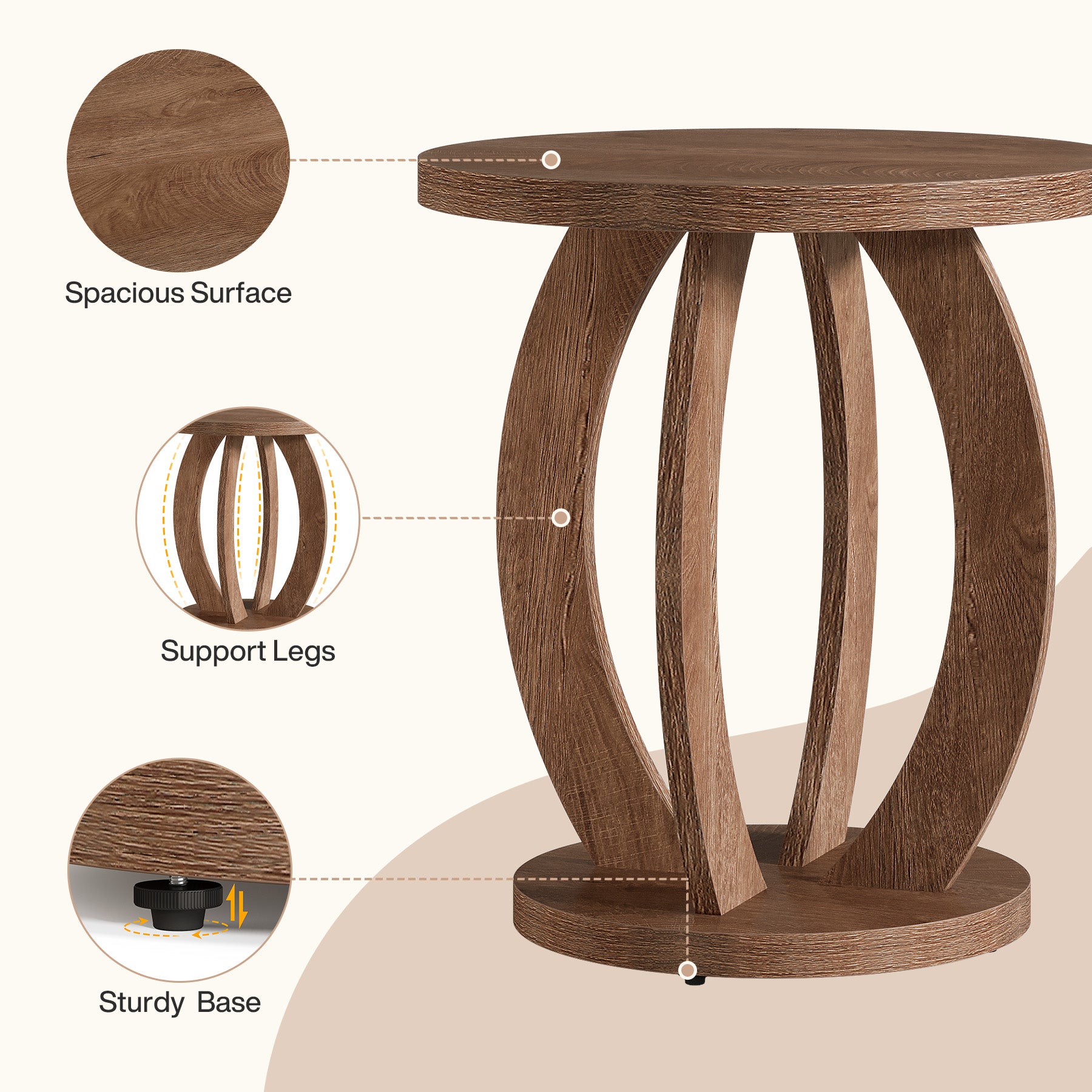 24" Round Farmhouse Nightstand - Bedside Table with Storage, Wood Base, Brown