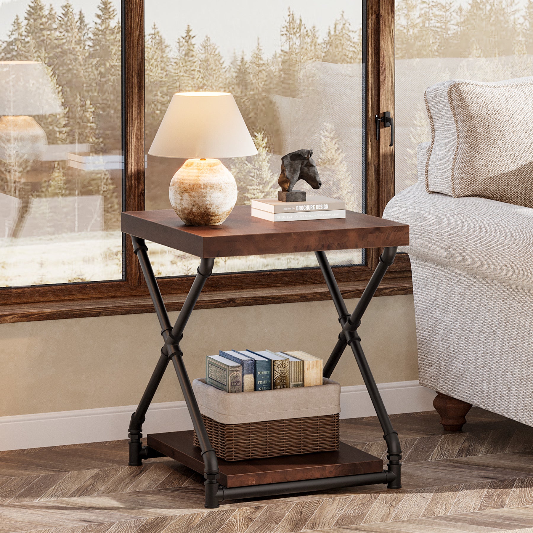 Solid Wood End Table with Storage Shelf and X-Shaped Legs, Small Wood Nightstand