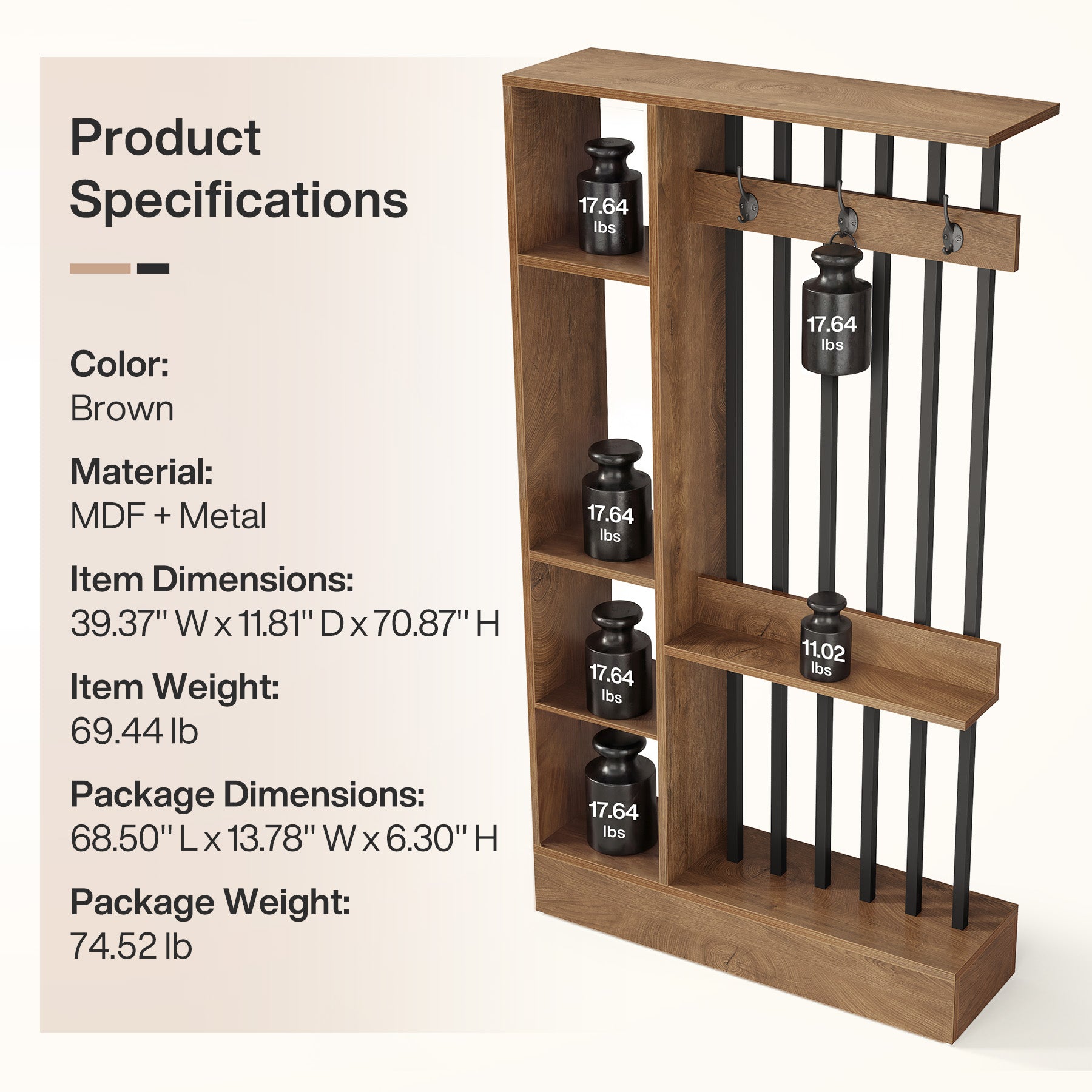 70.9 Inch Room Divider, Freestanding Bookshelf Partition with Shelves and Coat Hooks